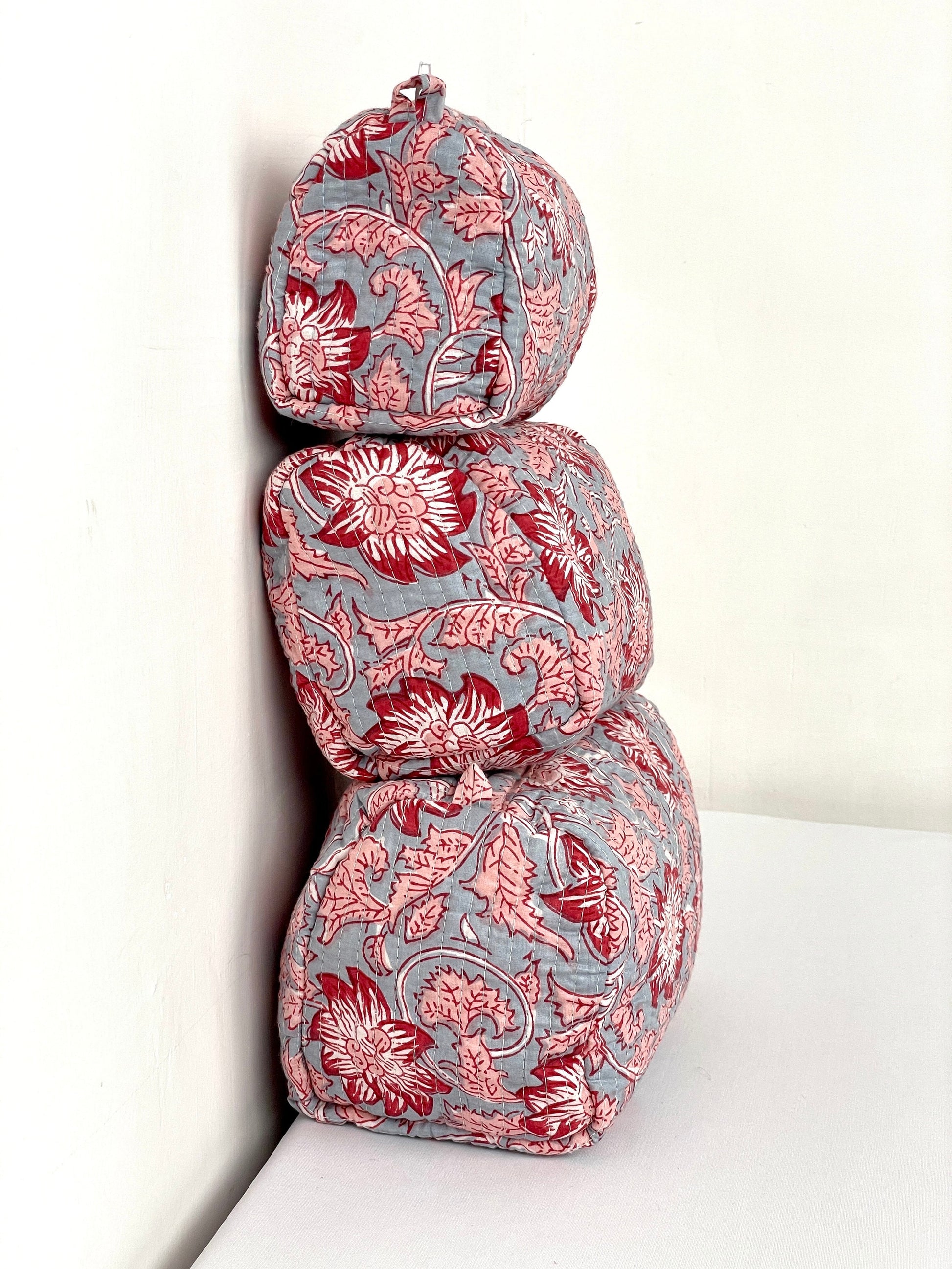 Cotton Quilted Toiletry Bag, Elegant Floral Hand Block Print Fabric Wash Bag, Pack of 3 Grey & Red Makeup Bag, Gift for She, Her