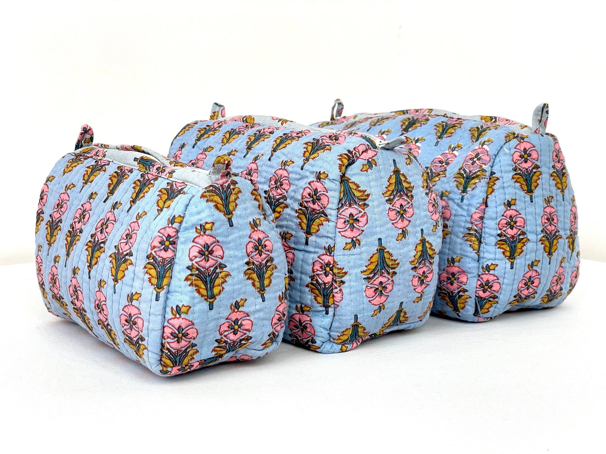 Cotton Quilted Toiletry Bag, Elegant Floral Hand Block Print Fabric Wash Bag, Pack of 3 Blue & Pink Makeup Bag, Gift for She, Her