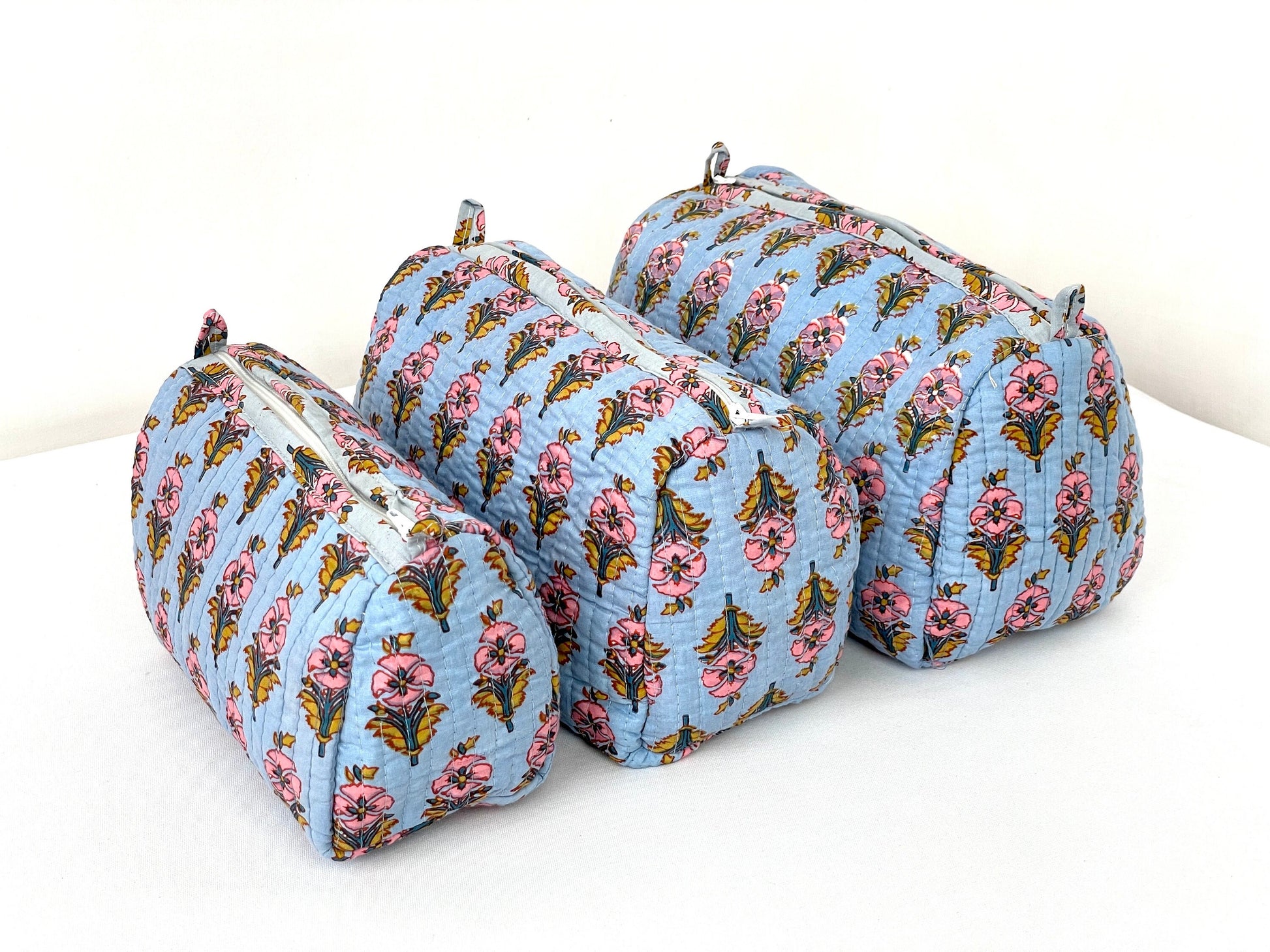 Cotton Quilted Toiletry Bag, Elegant Floral Hand Block Print Fabric Wash Bag, Pack of 3 Blue & Pink Makeup Bag, Gift for She, Her