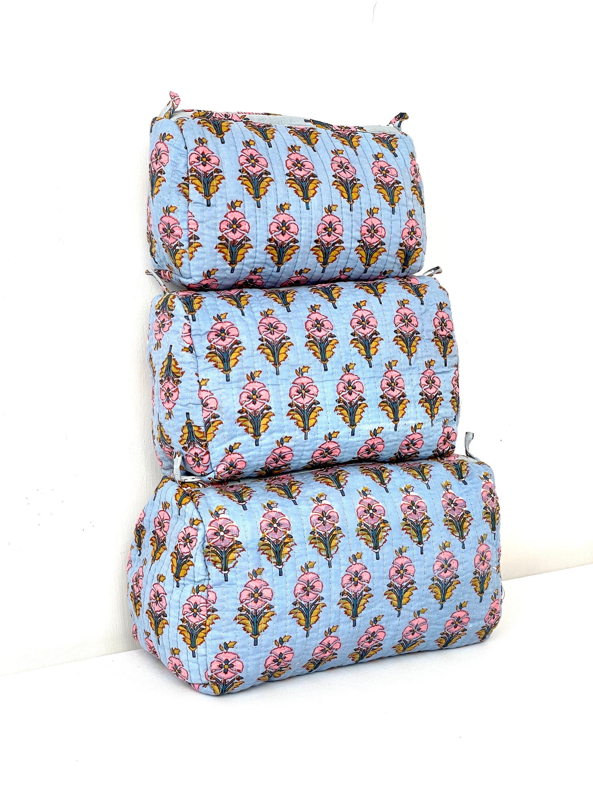 Cotton Quilted Toiletry Bag, Elegant Floral Hand Block Print Fabric Wash Bag, Pack of 3 Blue & Pink Makeup Bag, Gift for She, Her