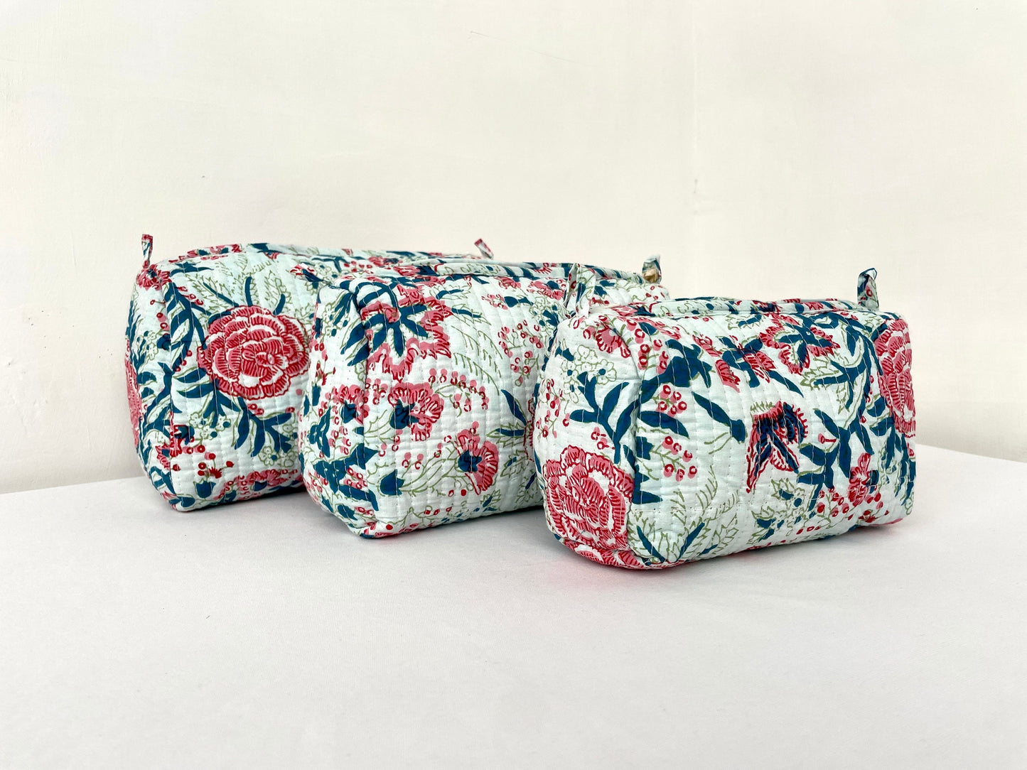 Cotton Quilted Toiletry Bag, Elegant Floral Hand Block Print Fabric Wash Bag, Pack of 3 Green & Pink Makeup Bag, Gift for She, Her