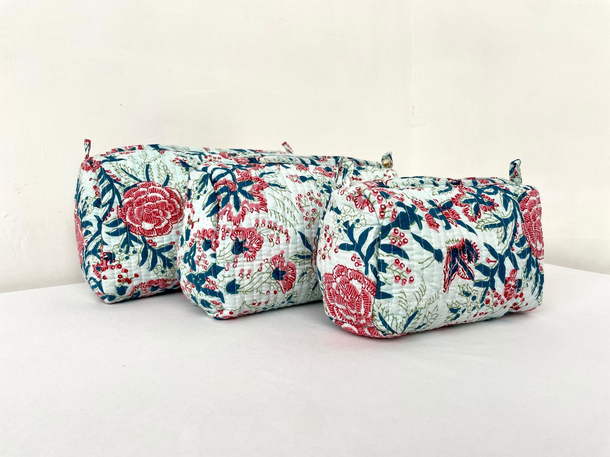 Cotton Quilted Toiletry Bag, Elegant Floral Hand Block Print Fabric Wash Bag, Pack of 3 Green & Pink Makeup Bag, Gift for She, Her
