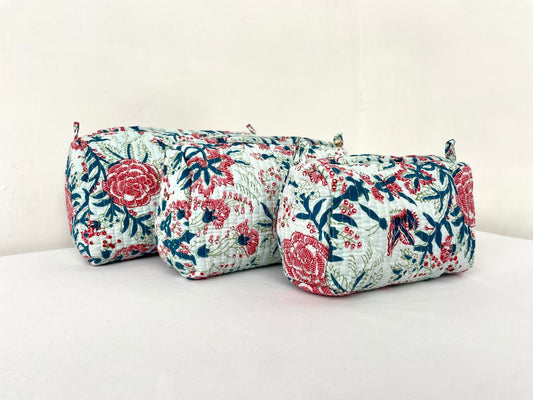 Cotton Quilted Toiletry Bag, Elegant Floral Hand Block Print Fabric Wash Bag, Pack of 3 Green & Pink Makeup Bag, Gift for She, Her