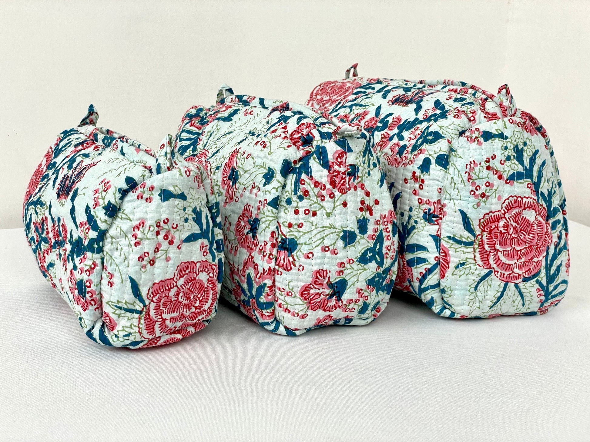 Cotton Quilted Toiletry Bag, Elegant Floral Hand Block Print Fabric Wash Bag, Pack of 3 Green & Pink Makeup Bag, Gift for She, Her