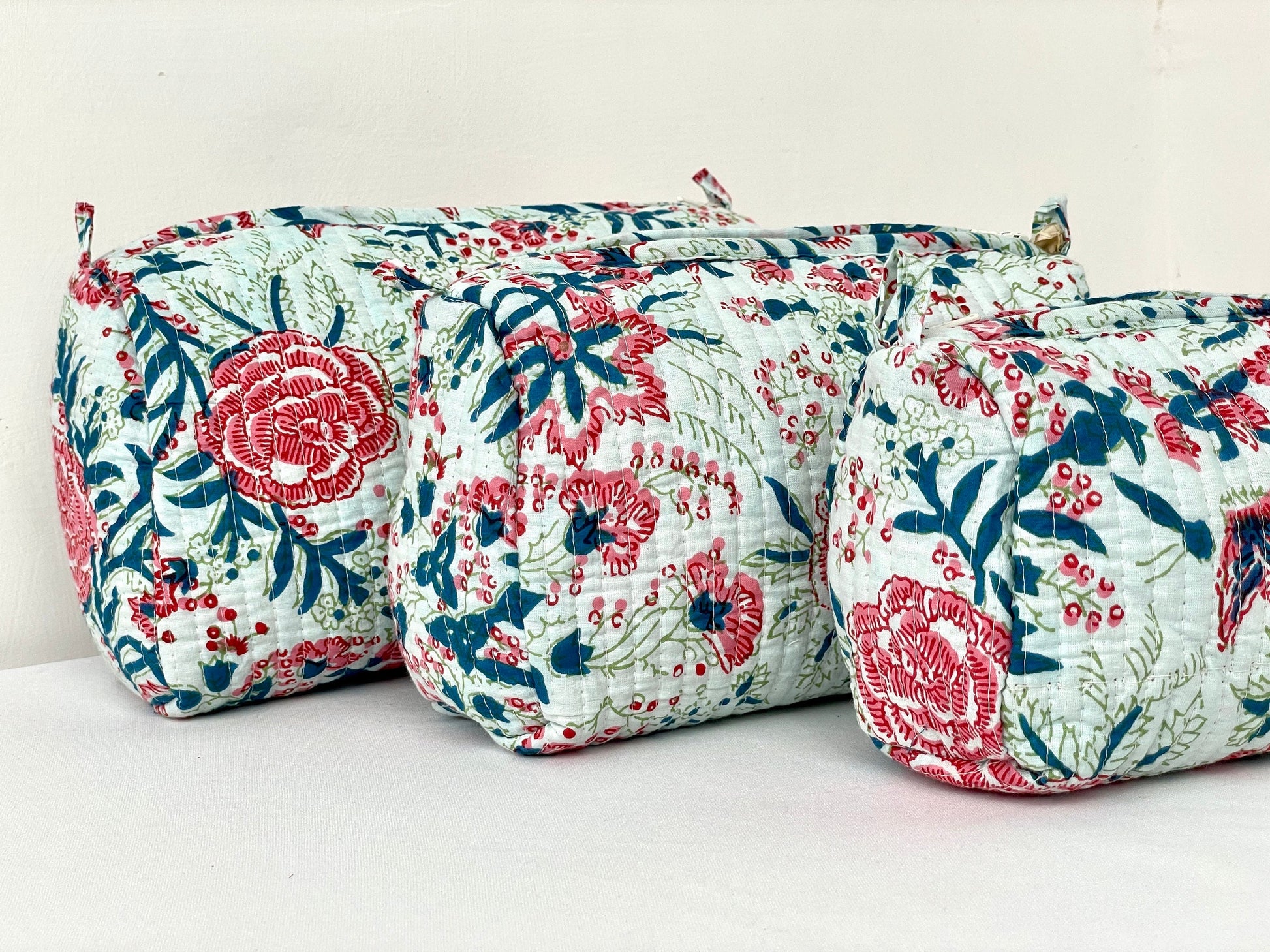 Cotton Quilted Toiletry Bag, Elegant Floral Hand Block Print Fabric Wash Bag, Pack of 3 Green & Pink Makeup Bag, Gift for She, Her
