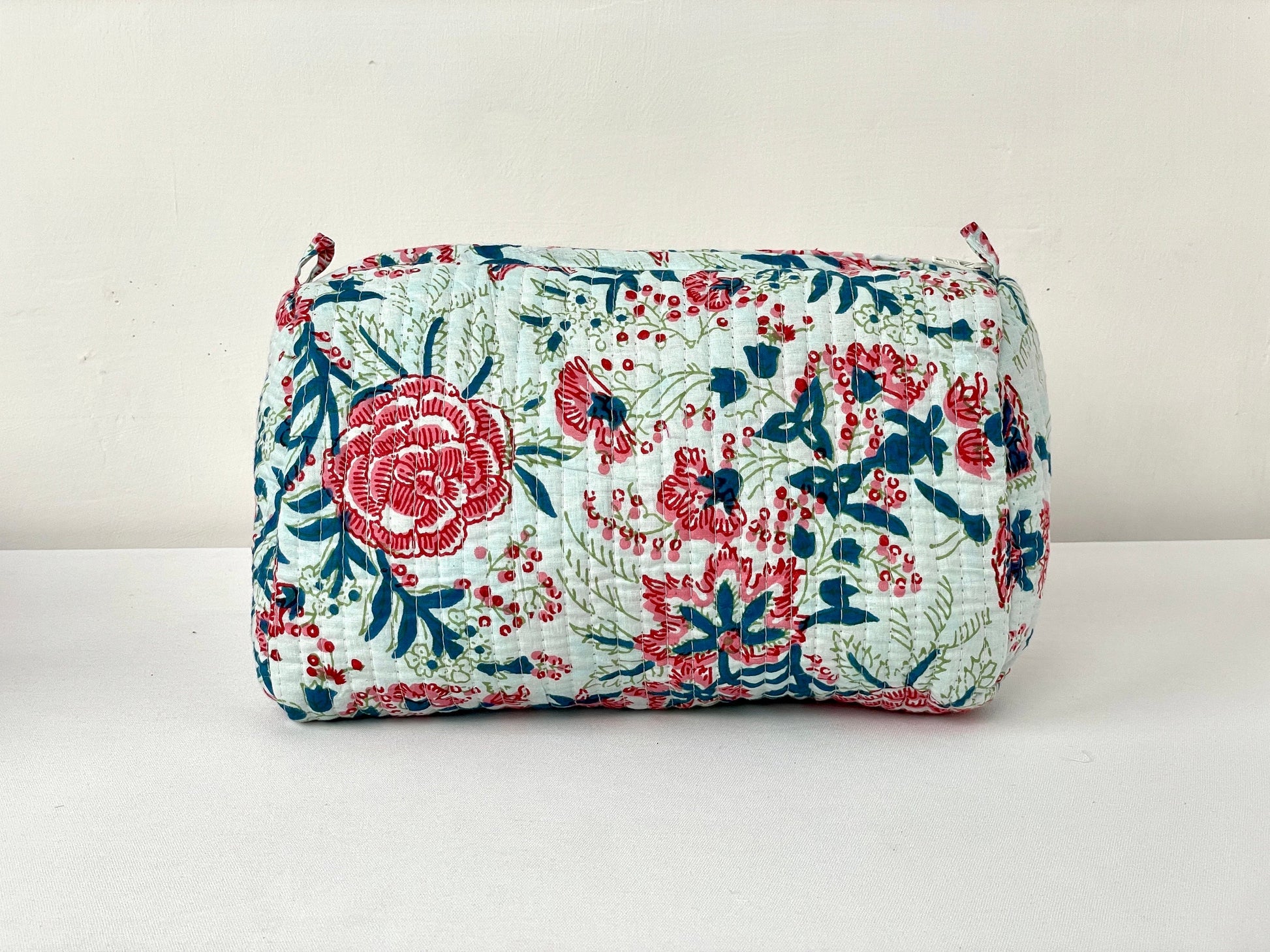 Cotton Quilted Toiletry Bag, Elegant Floral Hand Block Print Fabric Wash Bag, Pack of 3 Green & Pink Makeup Bag, Gift for She, Her