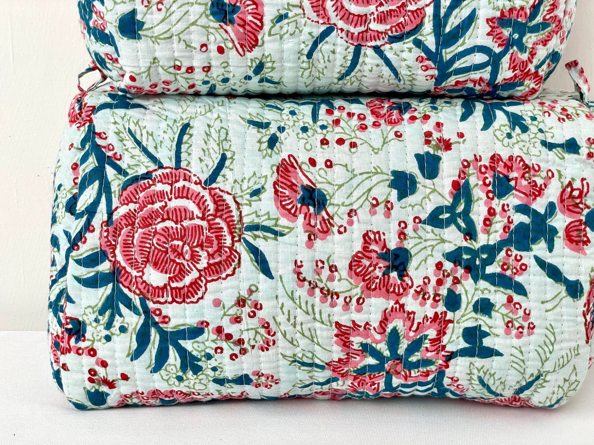 Cotton Quilted Toiletry Bag, Elegant Floral Hand Block Print Fabric Wash Bag, Pack of 3 Green & Pink Makeup Bag, Gift for She, Her