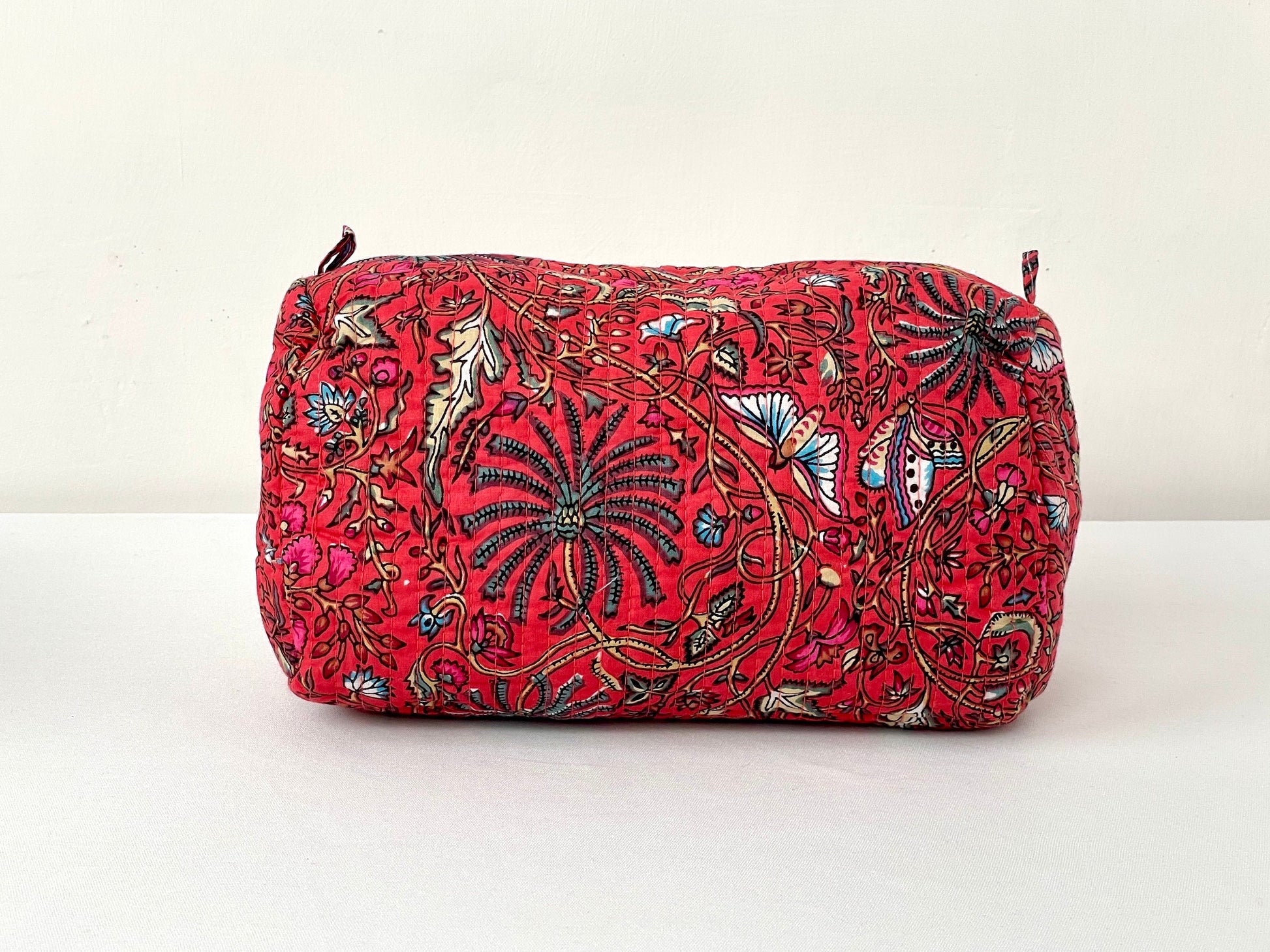 Cotton Quilted Toiletry Bag, Elegant Floral Hand Block Print Fabric Wash Bag, Pack of 3 Red Makeup Bag, Gift for She, Her