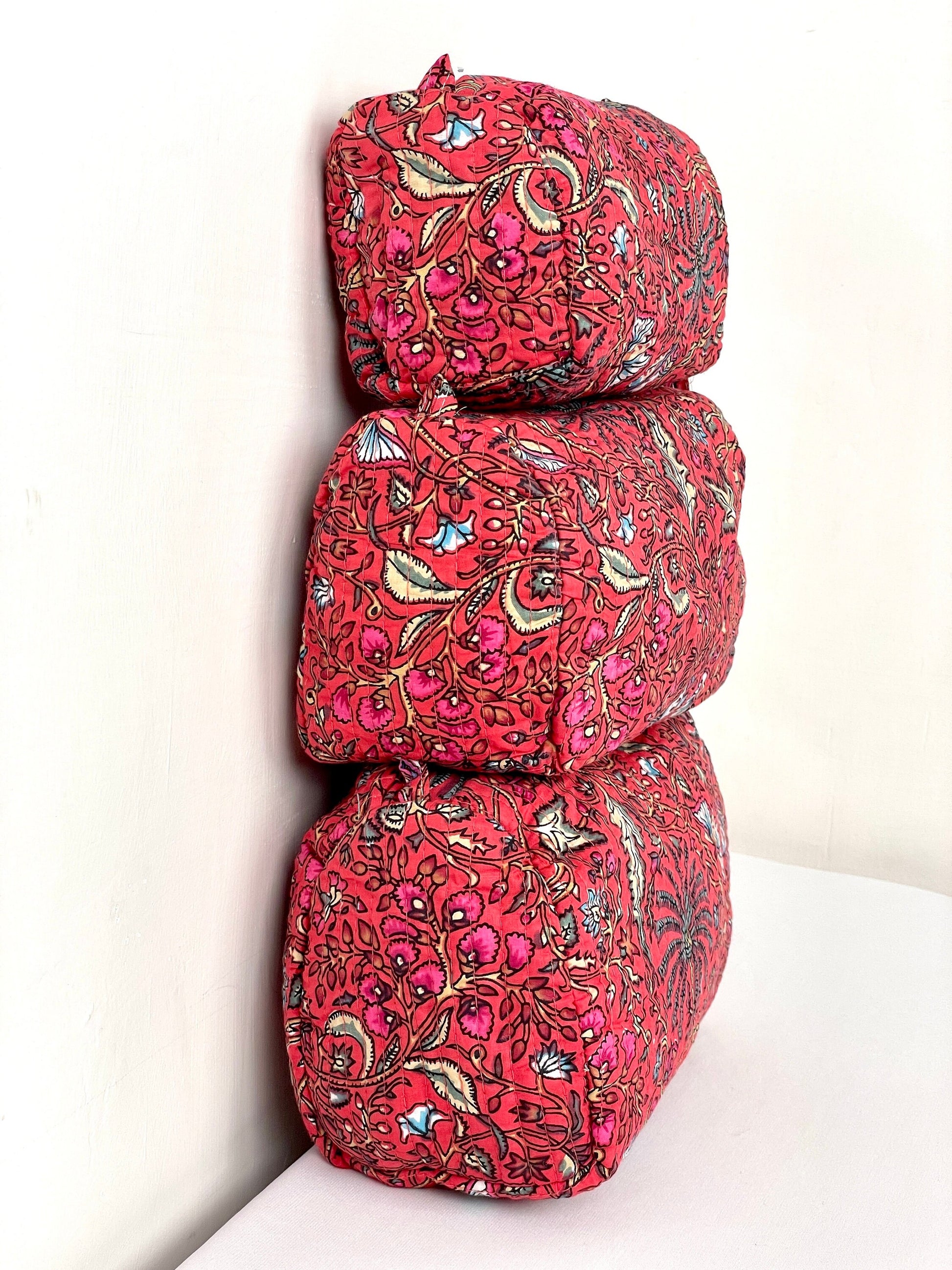 Cotton Quilted Toiletry Bag, Elegant Floral Hand Block Print Fabric Wash Bag, Pack of 3 Red Makeup Bag, Gift for She, Her