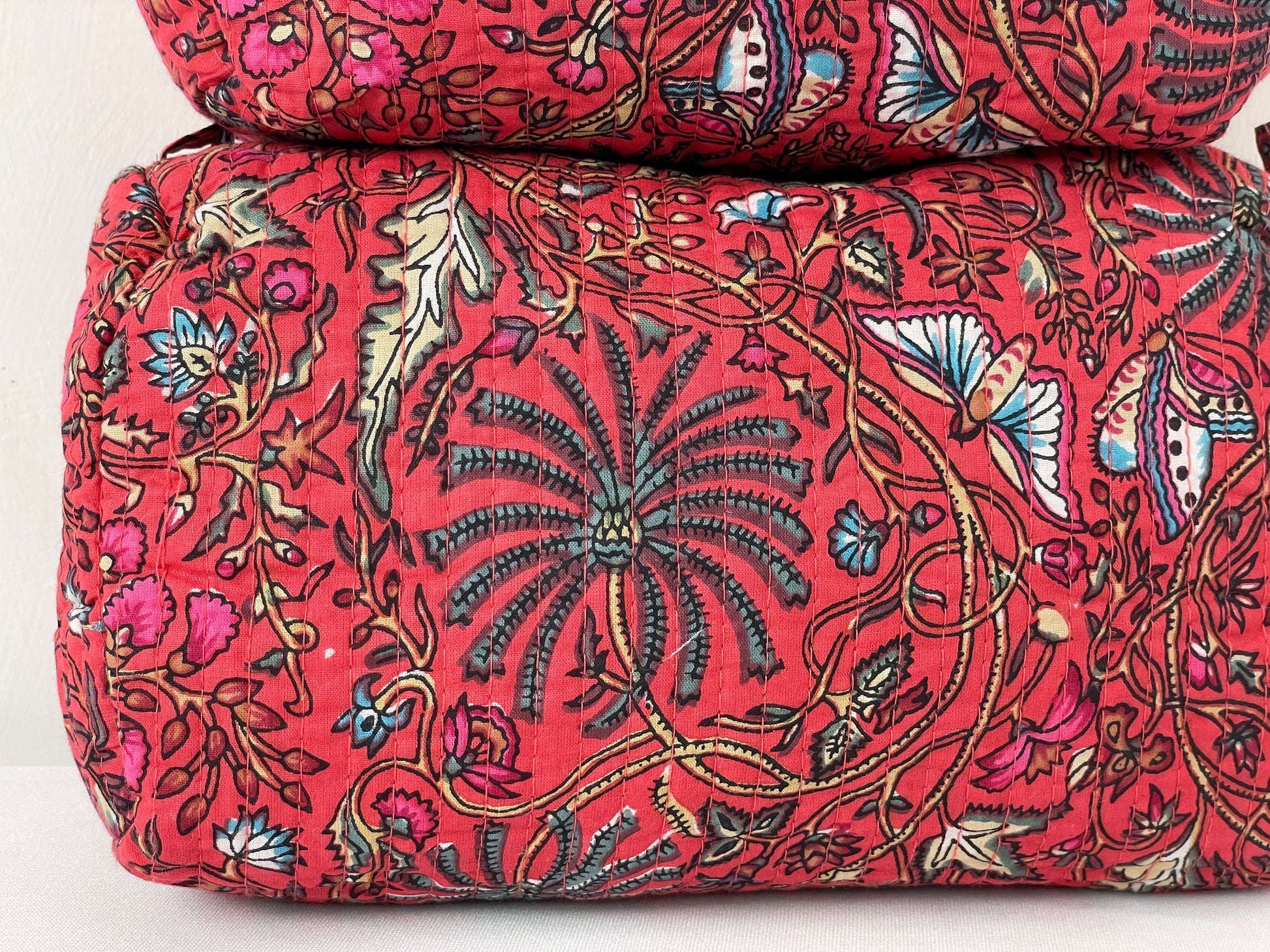 Cotton Quilted Toiletry Bag, Elegant Floral Hand Block Print Fabric Wash Bag, Pack of 3 Red Makeup Bag, Gift for She, Her