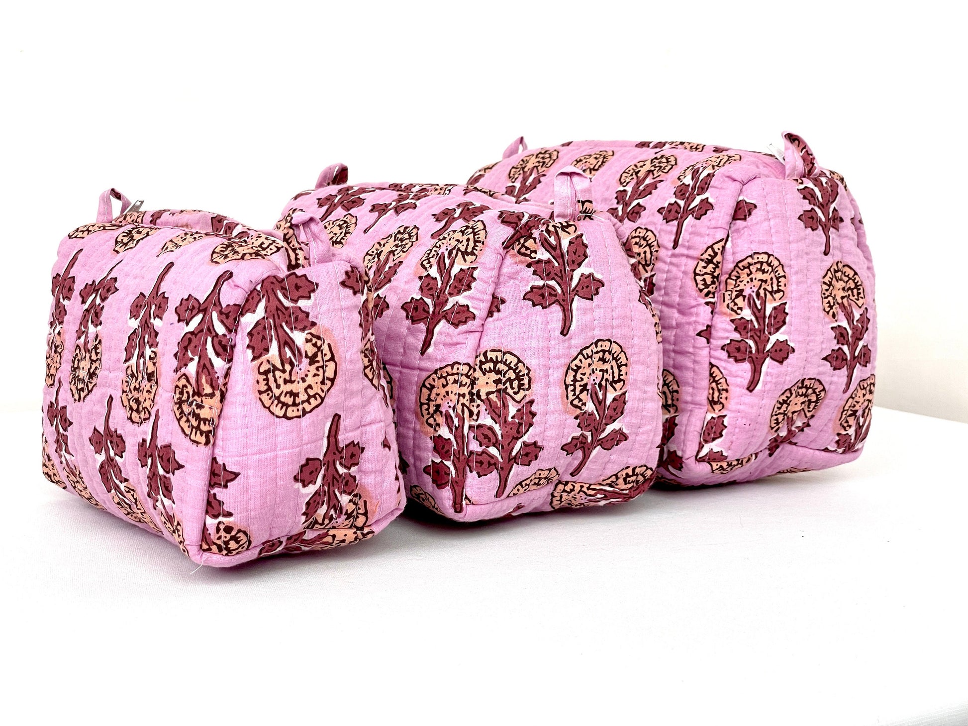 Cotton Quilted Toiletry Bag, Elegant Floral Hand Block Print Fabric Wash Bag, Pack of 3 Pink Makeup Bag, Gift for She, Her