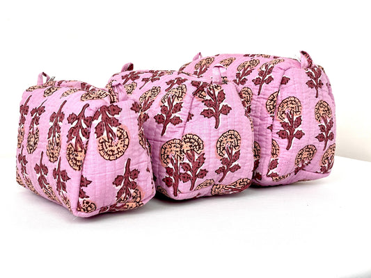 Cotton Quilted Toiletry Bag, Elegant Floral Hand Block Print Fabric Wash Bag, Pack of 3 Pink Makeup Bag, Gift for She, Her
