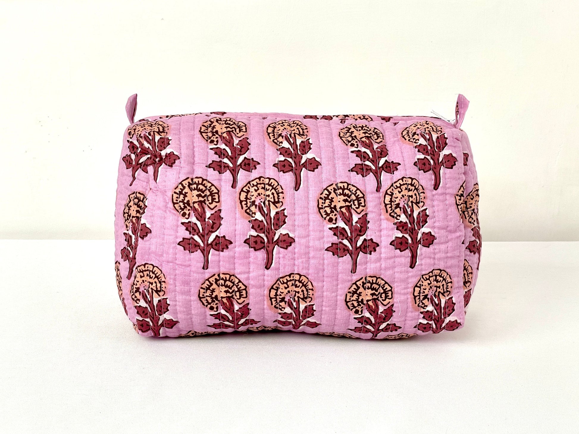 Cotton Quilted Toiletry Bag, Elegant Floral Hand Block Print Fabric Wash Bag, Pack of 3 Pink Makeup Bag, Gift for She, Her