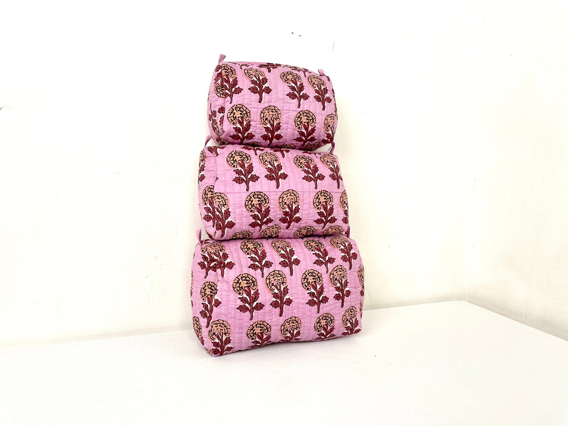 Cotton Quilted Toiletry Bag, Elegant Floral Hand Block Print Fabric Wash Bag, Pack of 3 Pink Makeup Bag, Gift for She, Her