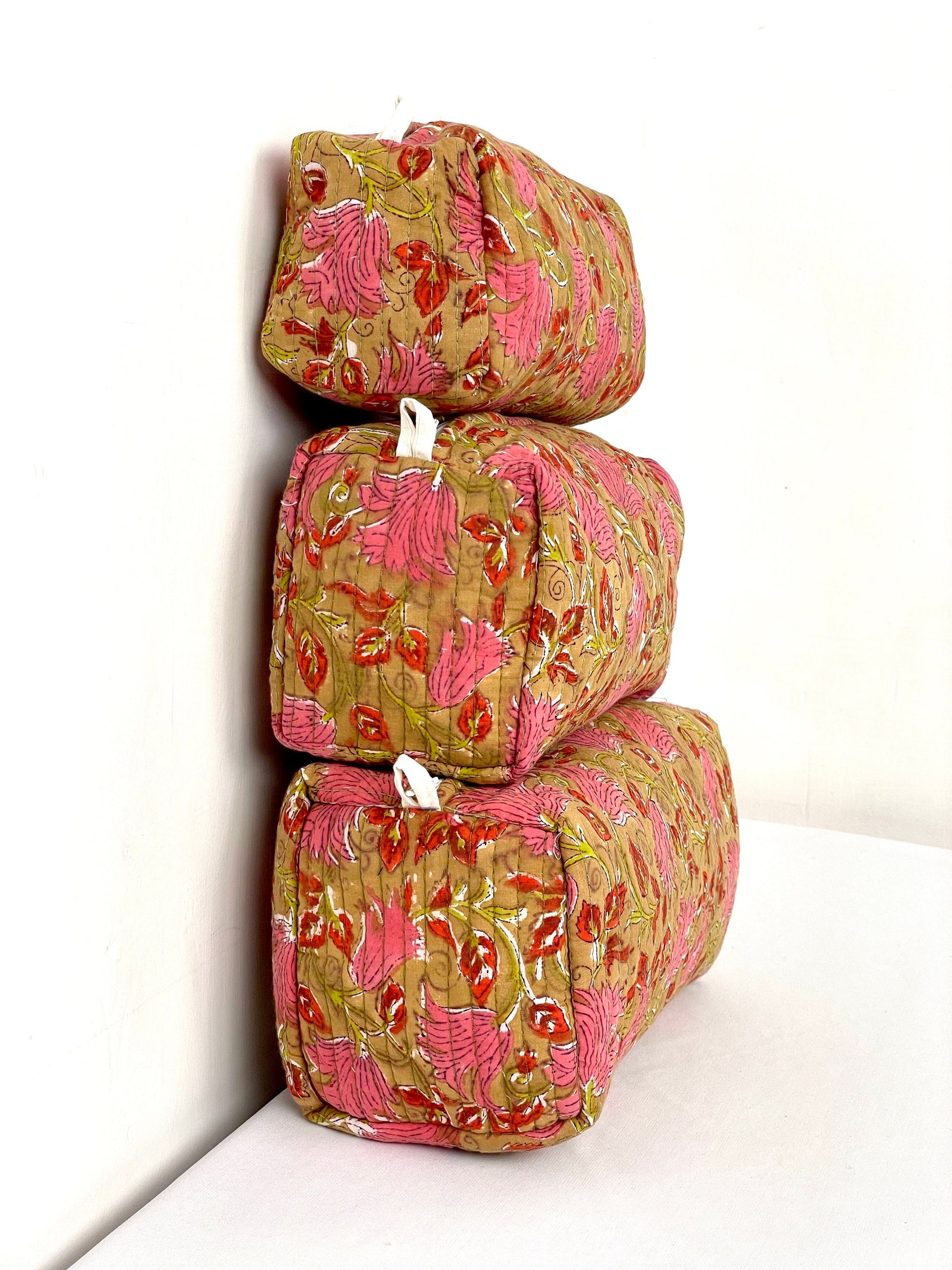 Cotton Quilted Toiletry Bag, Elegant Floral Hand Block Print Fabric Wash Bag, Pack of 3 Brown & Pink Makeup Bag, Gift for She, Her
