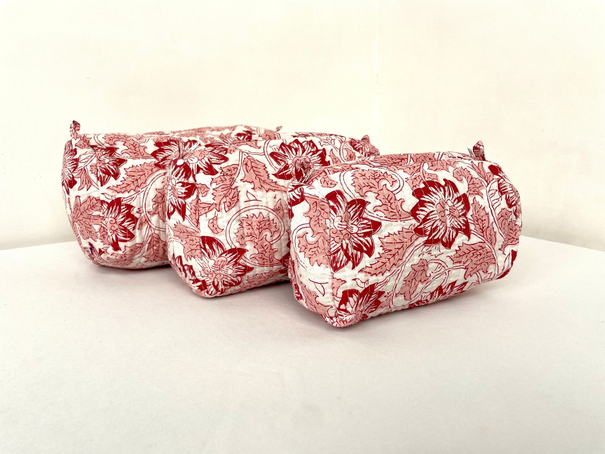 Cotton Quilted Toiletry Bag, Elegant Floral Hand Block Print Fabric Wash Bag, Pack of 3 White & Red Makeup Bag, Gift for She, Her