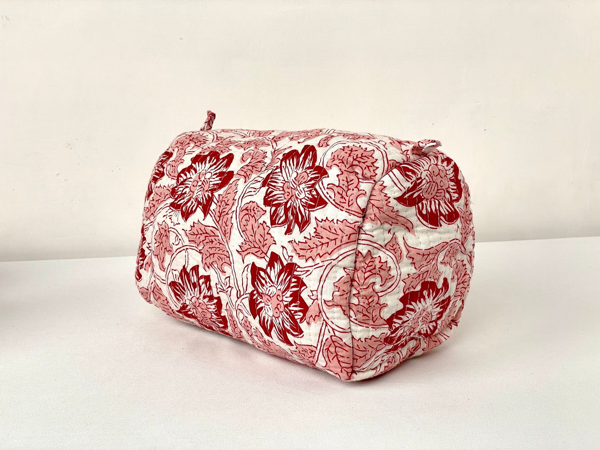 Cotton Quilted Toiletry Bag, Elegant Floral Hand Block Print Fabric Wash Bag, Pack of 3 White & Red Makeup Bag, Gift for She, Her