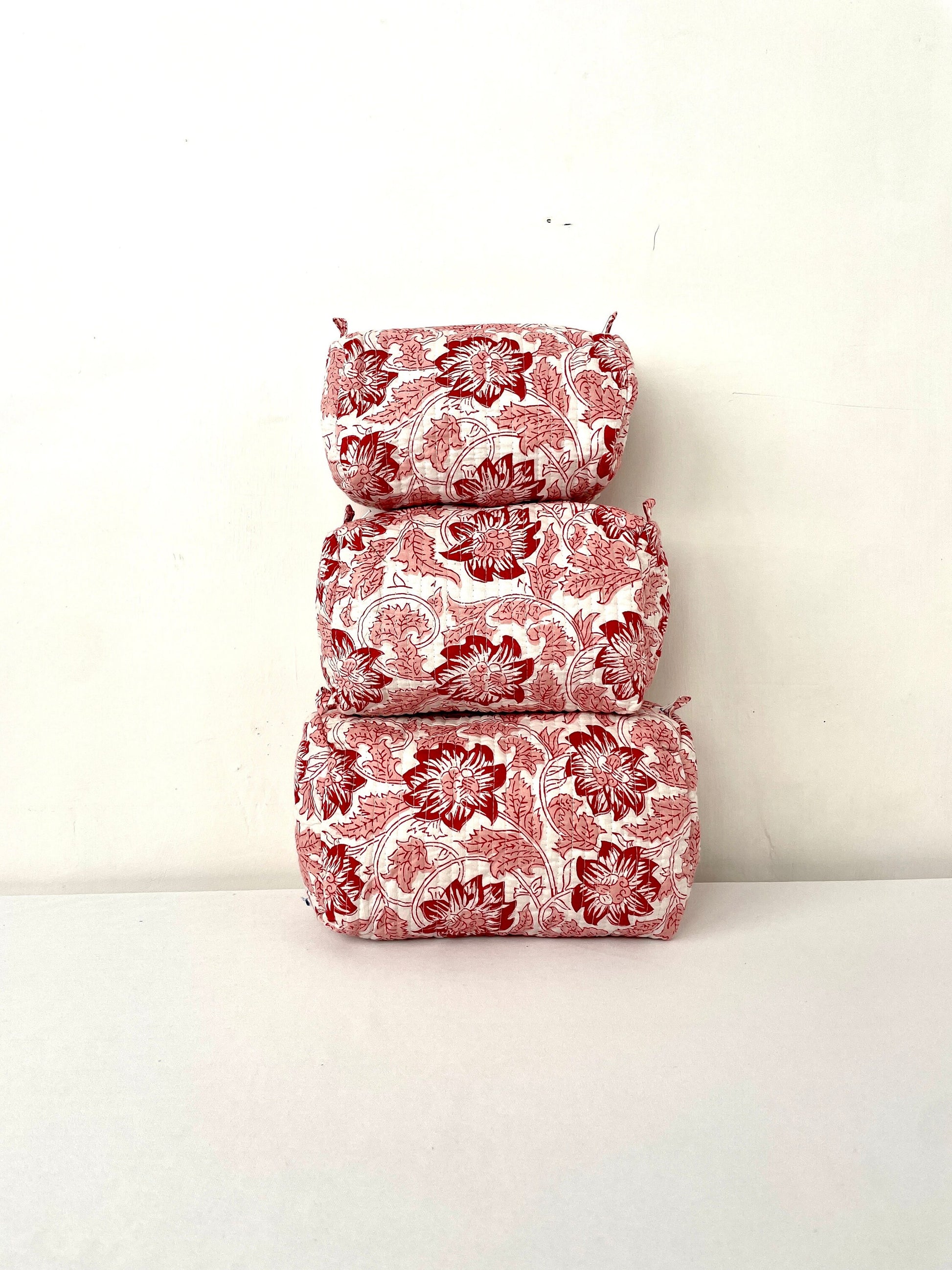 Cotton Quilted Toiletry Bag, Elegant Floral Hand Block Print Fabric Wash Bag, Pack of 3 White & Red Makeup Bag, Gift for She, Her