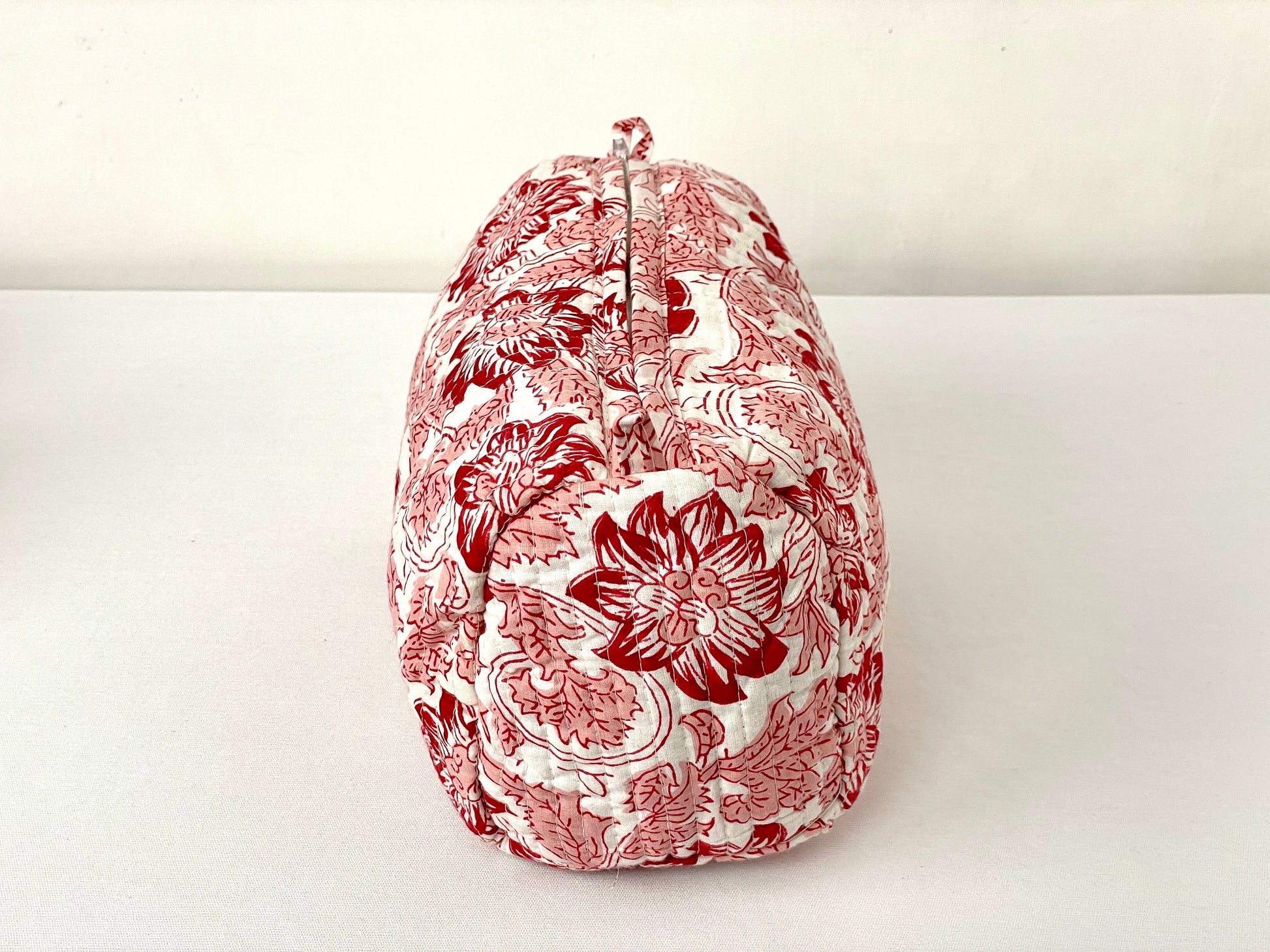 Cotton Quilted Toiletry Bag, Elegant Floral Hand Block Print Fabric Wash Bag, Pack of 3 White & Red Makeup Bag, Gift for She, Her