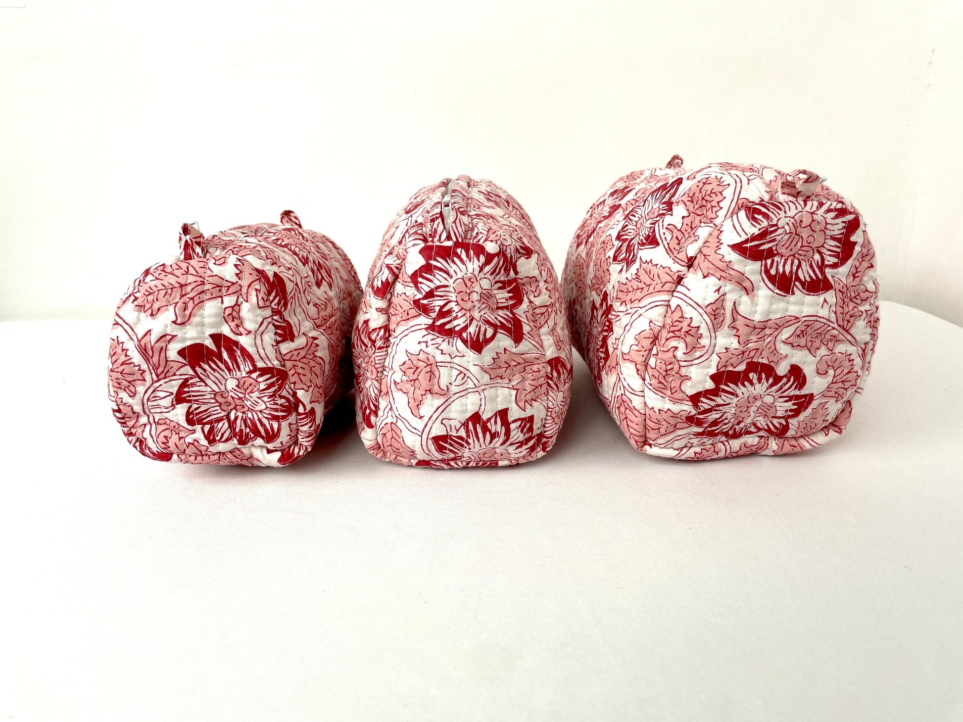 Cotton Quilted Toiletry Bag, Elegant Floral Hand Block Print Fabric Wash Bag, Pack of 3 White & Red Makeup Bag, Gift for She, Her
