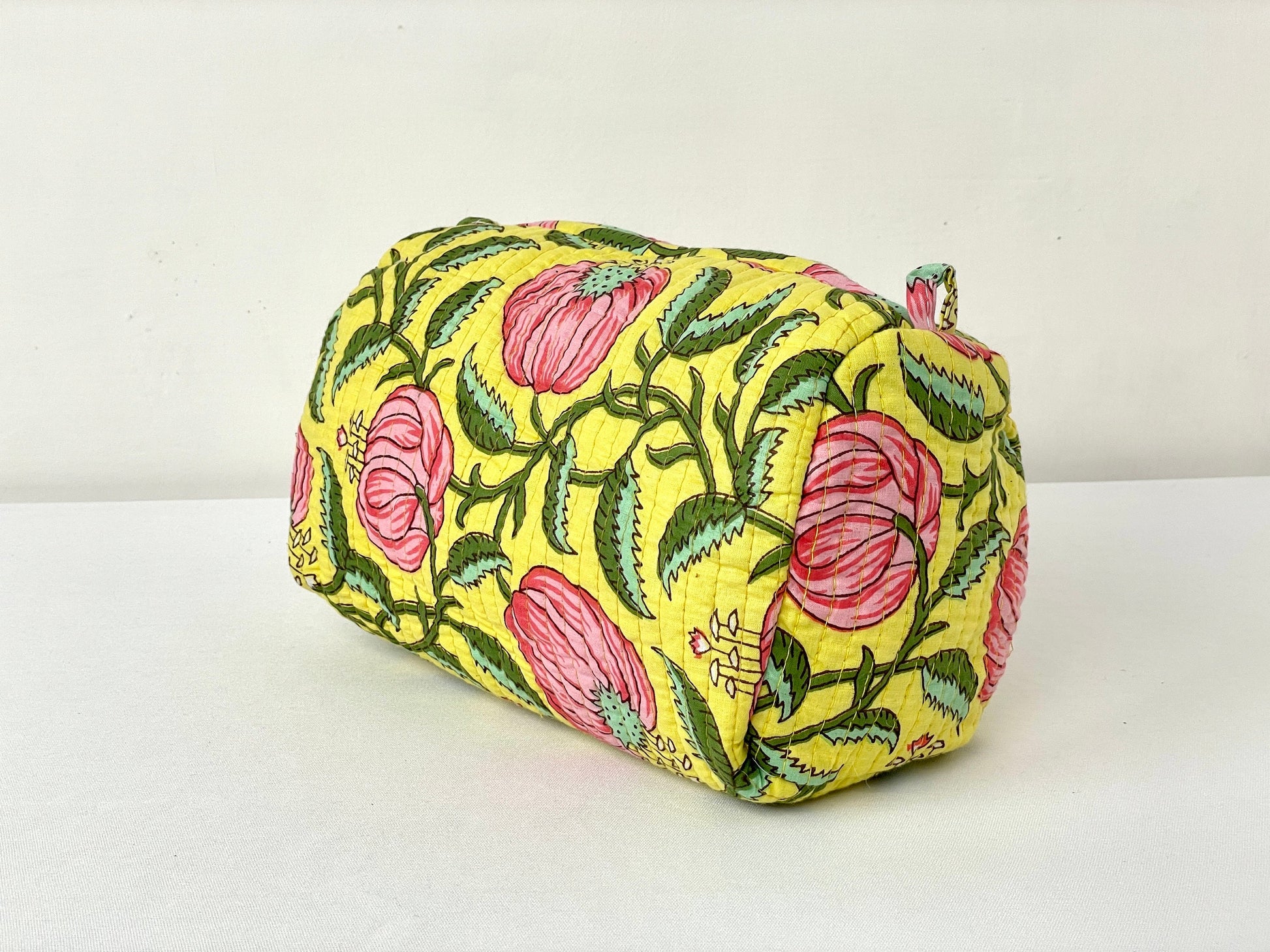 Cotton Quilted Toiletry Bag, Elegant Floral Hand Block Print Fabric Wash Bag, Pack of 3 Yellow & Pink Makeup Bag, Gift for She, Her