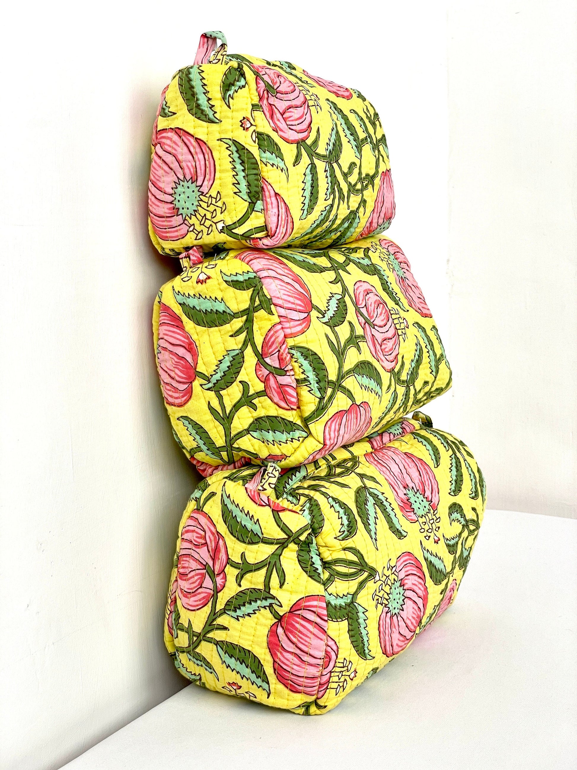 Cotton Quilted Toiletry Bag, Elegant Floral Hand Block Print Fabric Wash Bag, Pack of 3 Yellow & Pink Makeup Bag, Gift for She, Her