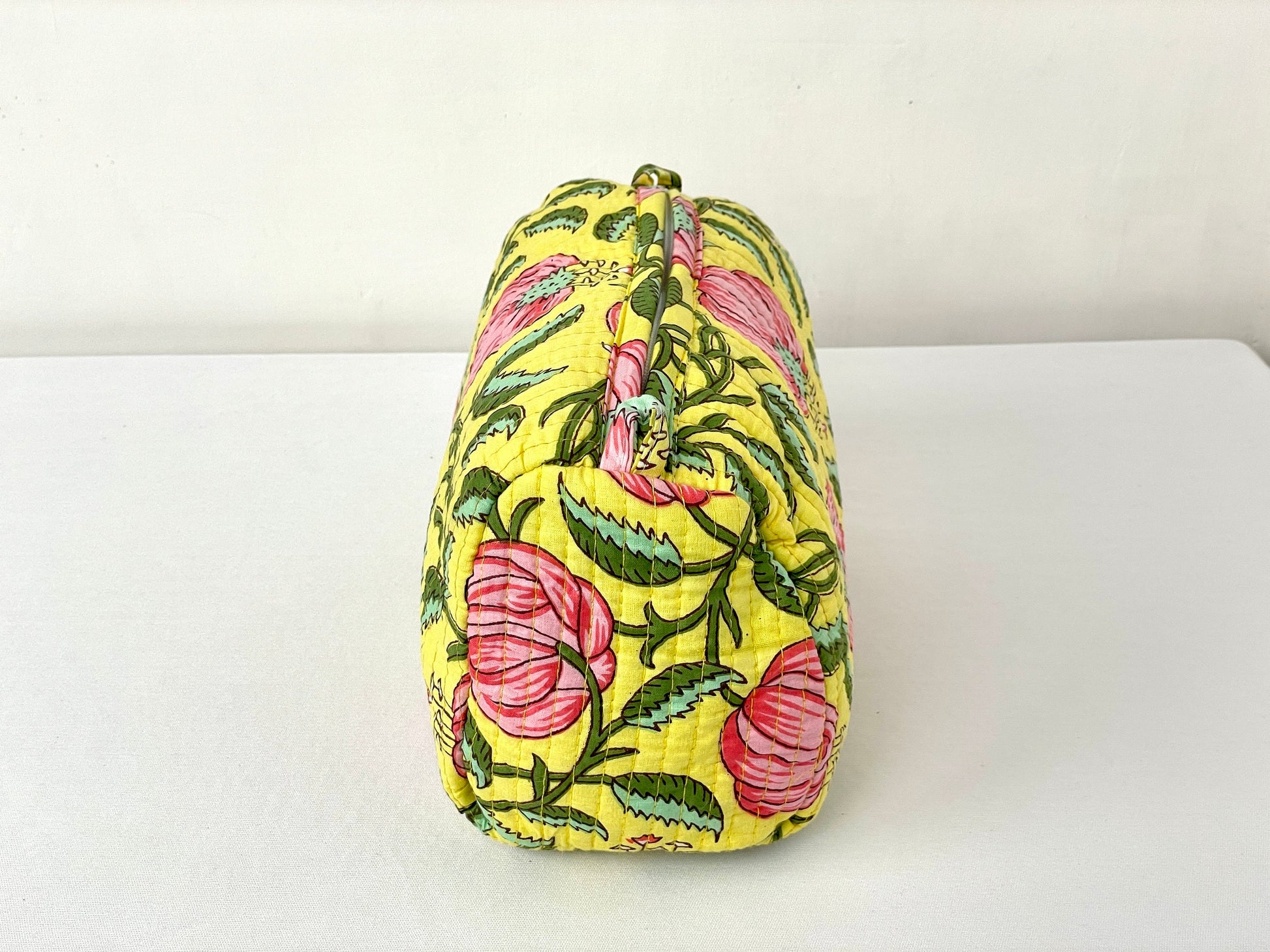 Cotton Quilted Toiletry Bag, Elegant Floral Hand Block Print Fabric Wash Bag, Pack of 3 Yellow & Pink Makeup Bag, Gift for She, Her