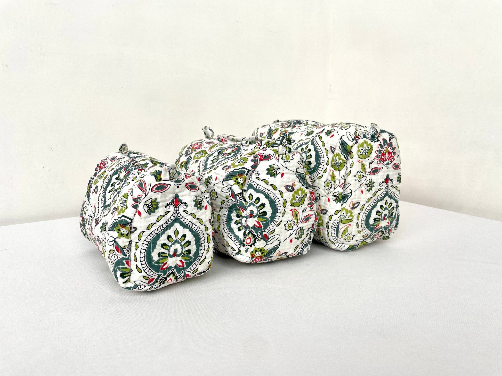 Cotton Quilted Toiletry Bag, Elegant Floral Hand Block Print Fabric Wash Bag, Pack of 3 White & Green Makeup Bag, Gift for She, Her