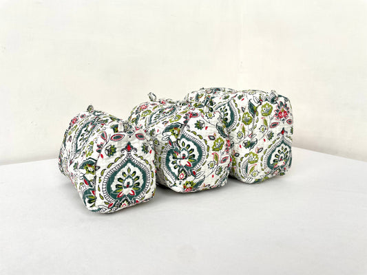 Cotton Quilted Toiletry Bag, Elegant Floral Hand Block Print Fabric Wash Bag, Pack of 3 White & Green Makeup Bag, Gift for She, Her
