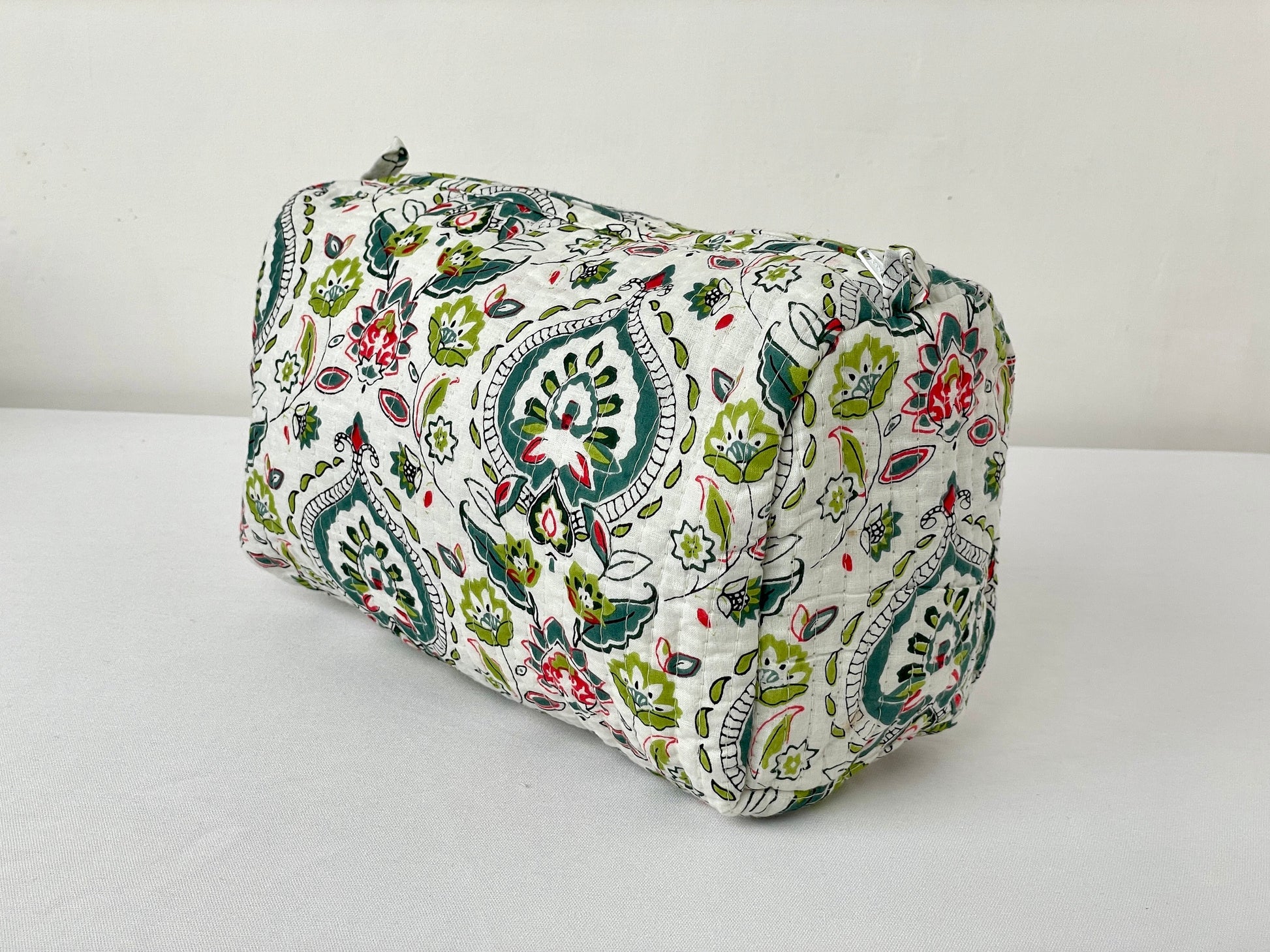 Cotton Quilted Toiletry Bag, Elegant Floral Hand Block Print Fabric Wash Bag, Pack of 3 White & Green Makeup Bag, Gift for She, Her