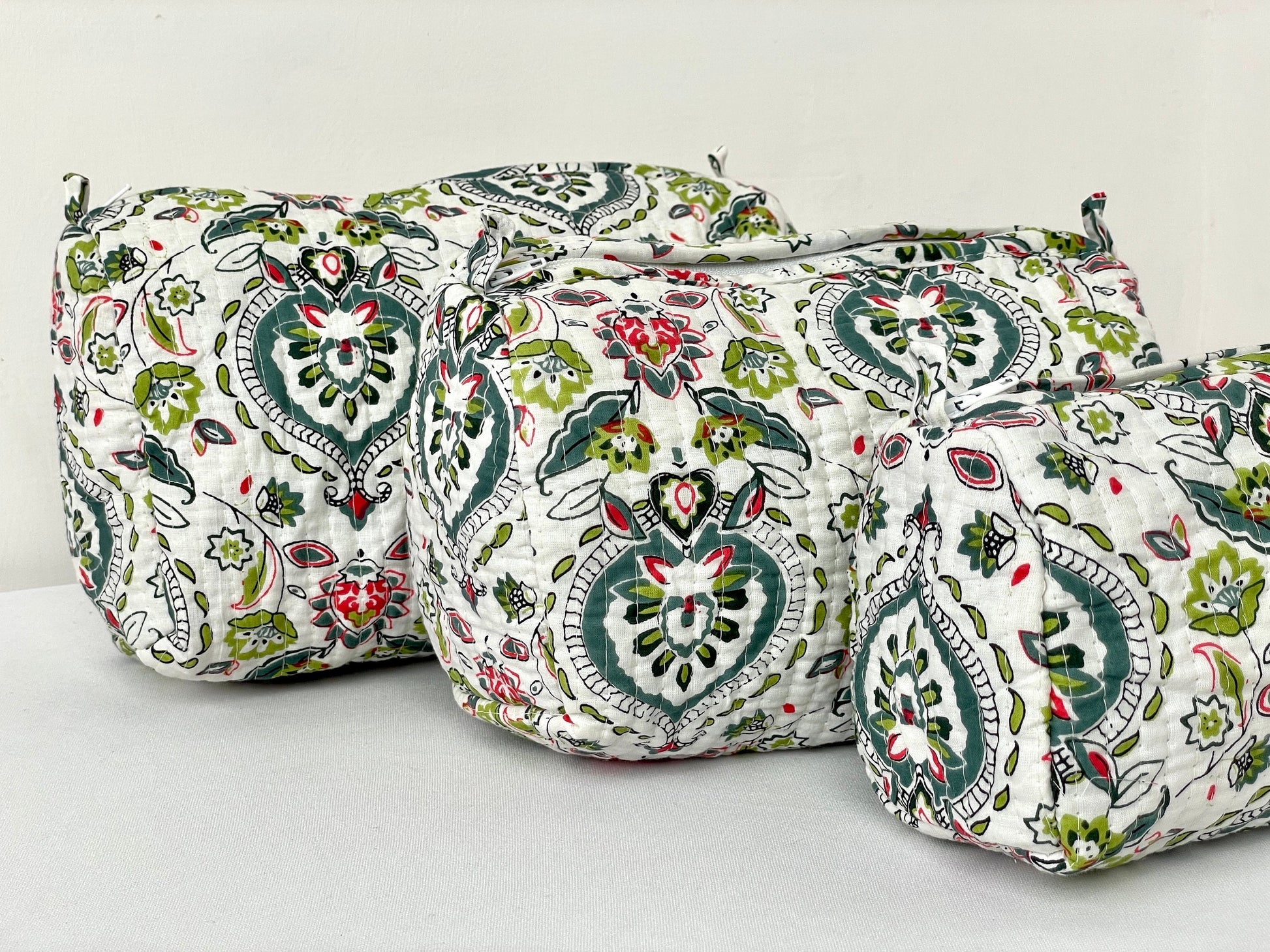 Cotton Quilted Toiletry Bag, Elegant Floral Hand Block Print Fabric Wash Bag, Pack of 3 White & Green Makeup Bag, Gift for She, Her