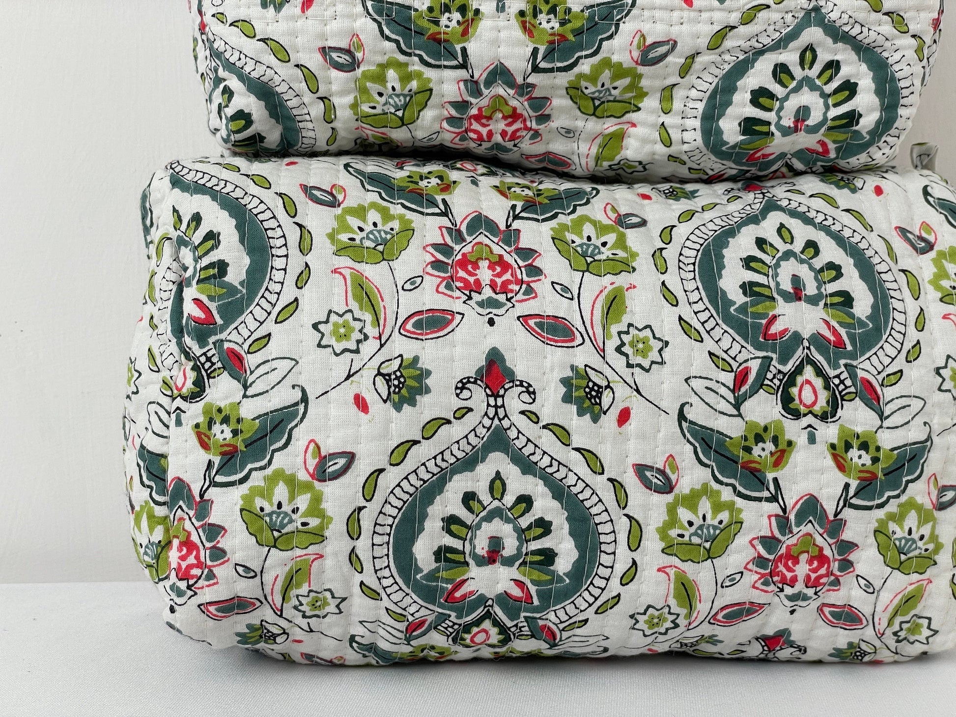 Cotton Quilted Toiletry Bag, Elegant Floral Hand Block Print Fabric Wash Bag, Pack of 3 White & Green Makeup Bag, Gift for She, Her