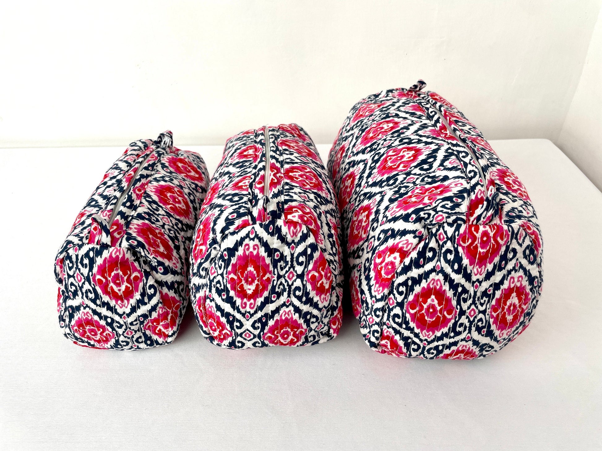 Cotton Quilted Toiletry Bag, Elegant Floral Hand Block Print Fabric Wash Bag, Pack of 3 White & Pink Makeup Bag, Gift for She, Her
