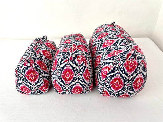 Cotton Quilted Toiletry Bag, Elegant Floral Hand Block Print Fabric Wash Bag, Pack of 3 White & Pink Makeup Bag, Gift for She, Her