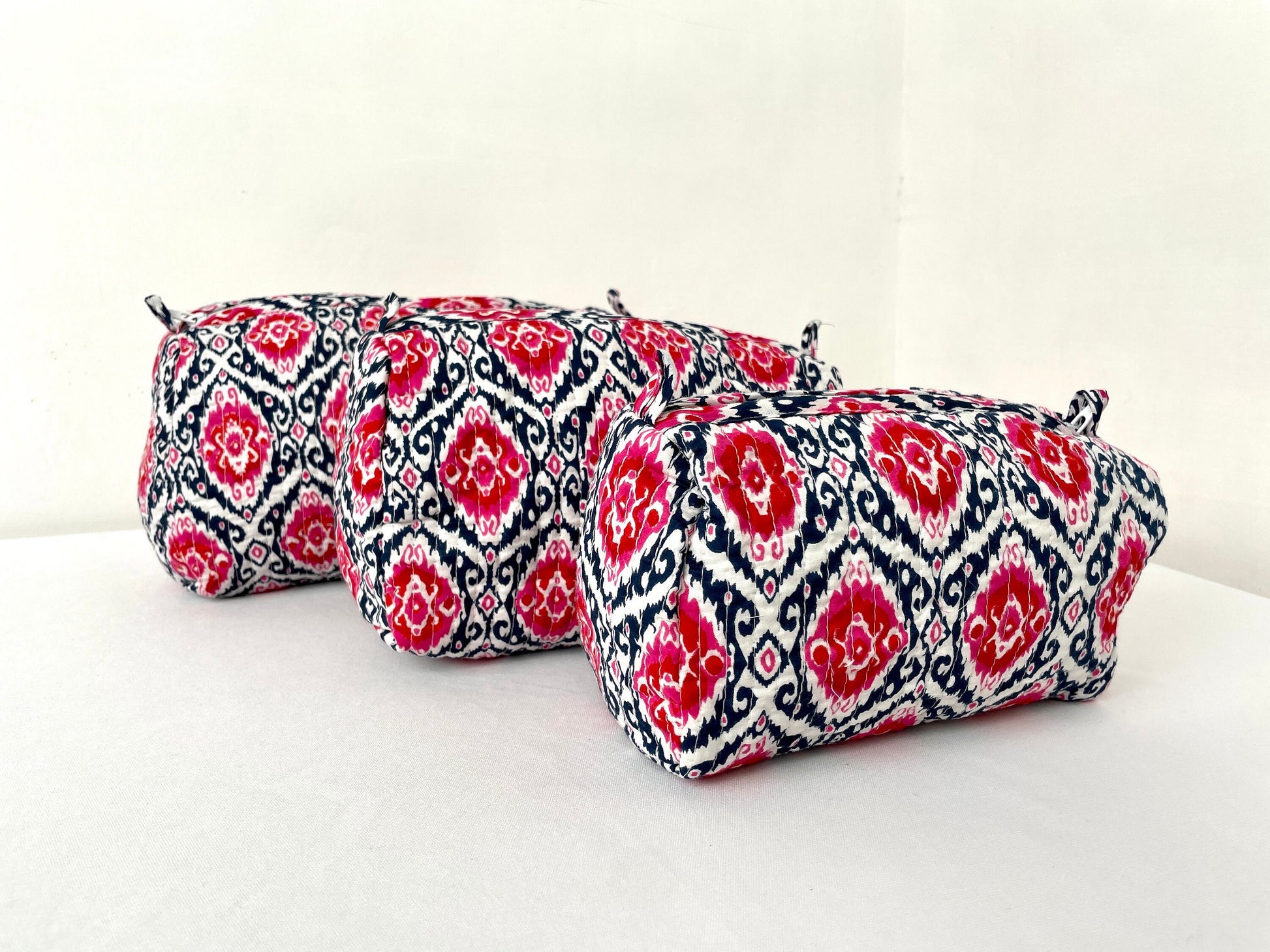Cotton Quilted Toiletry Bag, Elegant Floral Hand Block Print Fabric Wash Bag, Pack of 3 White & Pink Makeup Bag, Gift for She, Her