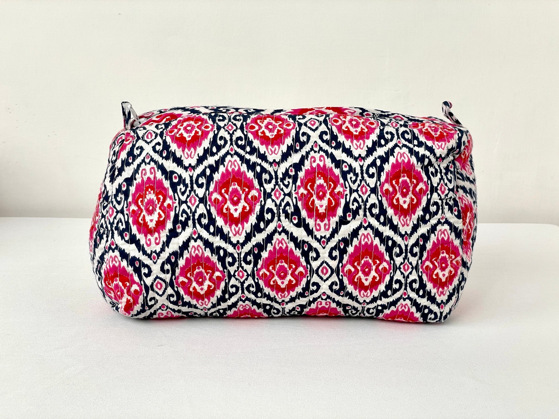 Cotton Quilted Toiletry Bag, Elegant Floral Hand Block Print Fabric Wash Bag, Pack of 3 White & Pink Makeup Bag, Gift for She, Her