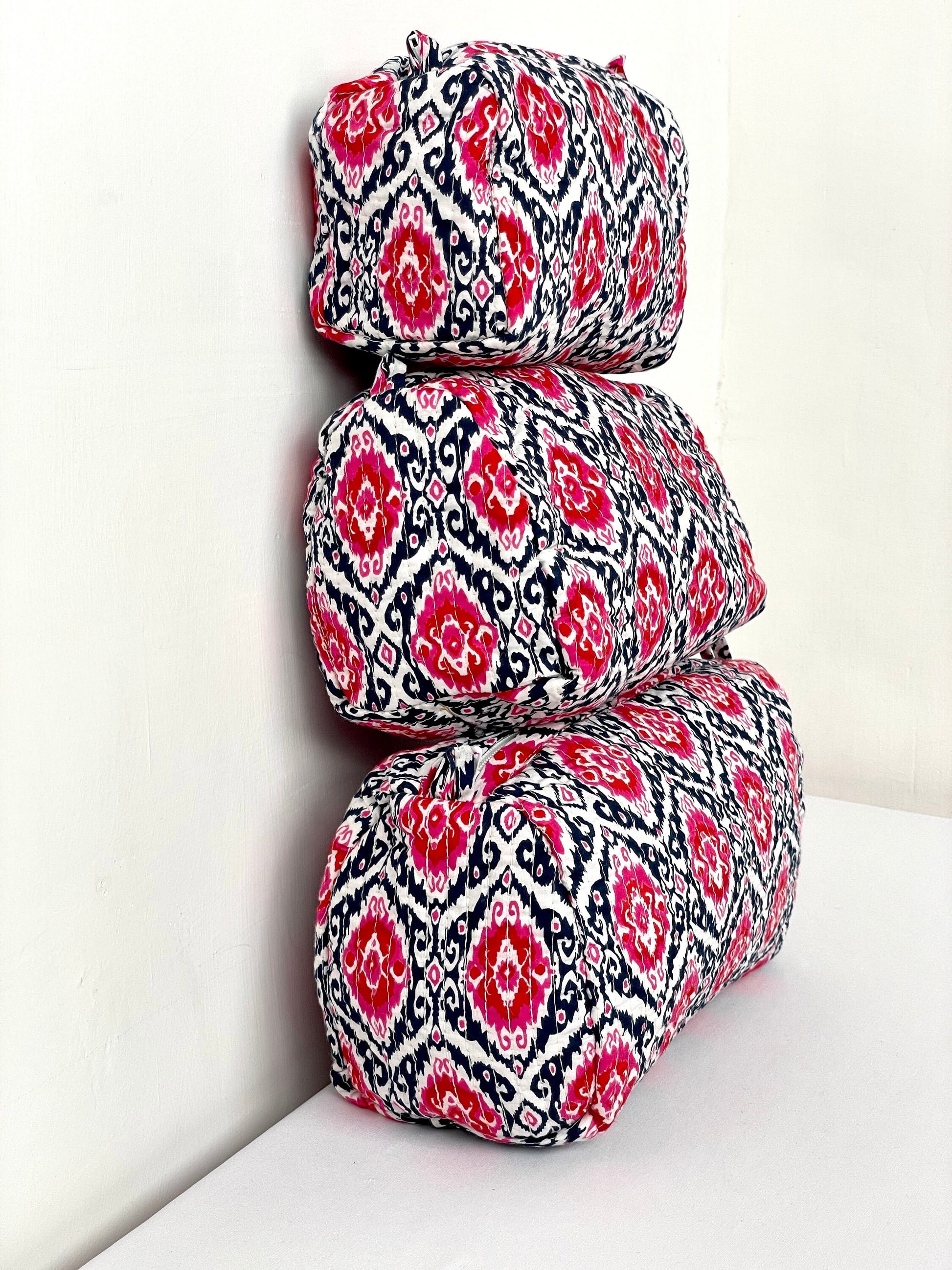 Cotton Quilted Toiletry Bag, Elegant Floral Hand Block Print Fabric Wash Bag, Pack of 3 White & Pink Makeup Bag, Gift for She, Her