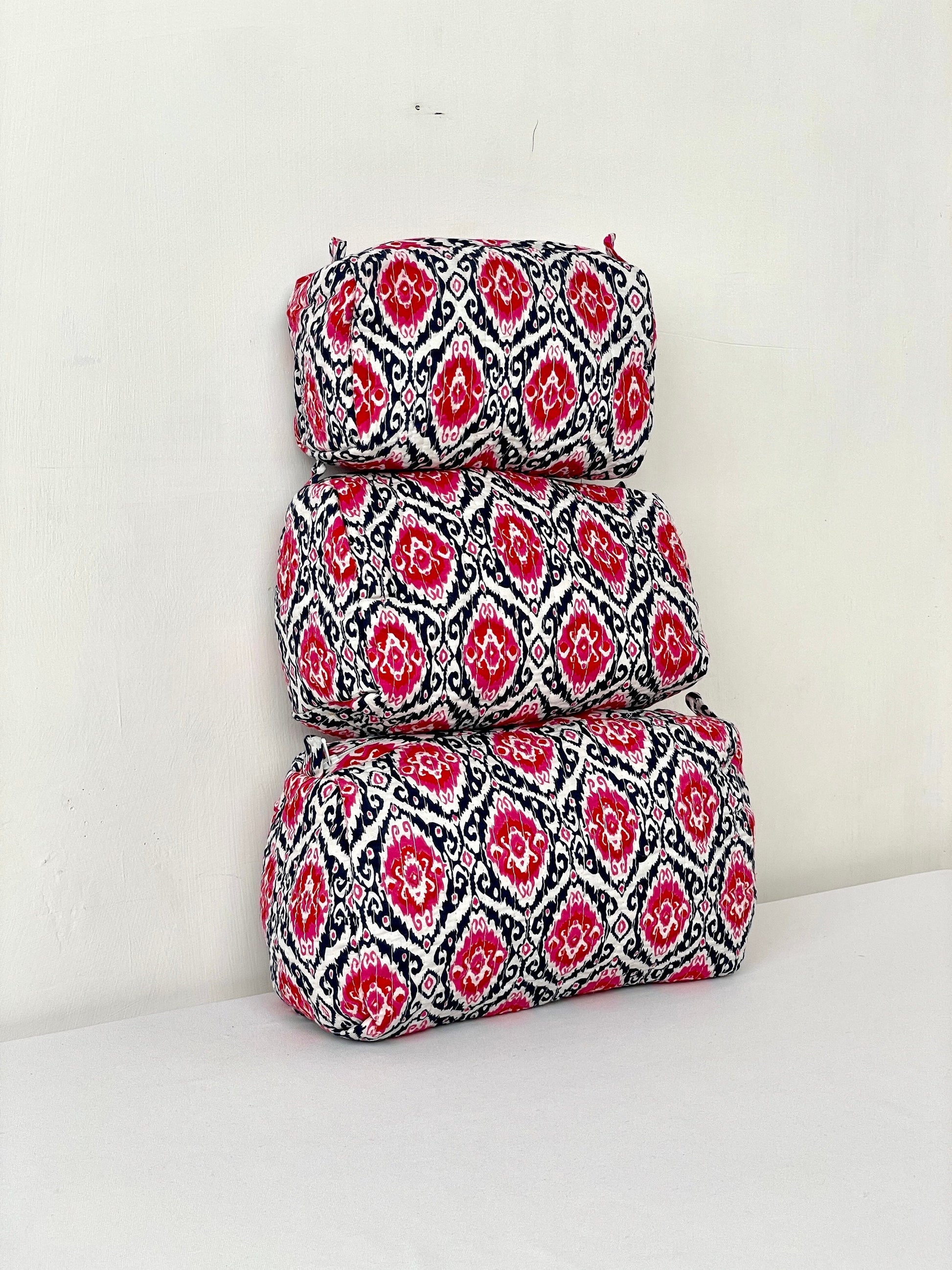 Cotton Quilted Toiletry Bag, Elegant Floral Hand Block Print Fabric Wash Bag, Pack of 3 White & Pink Makeup Bag, Gift for She, Her