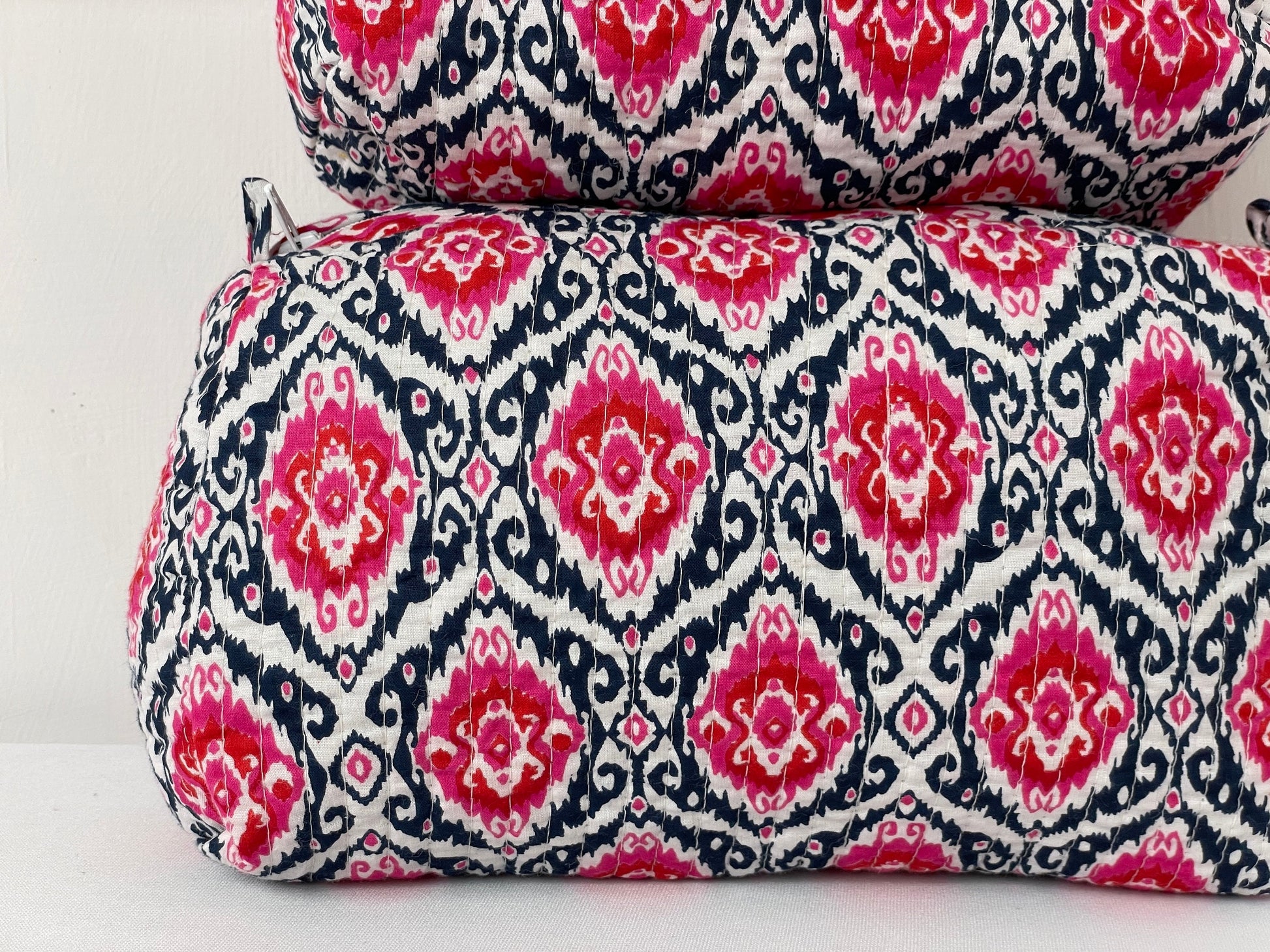 Cotton Quilted Toiletry Bag, Elegant Floral Hand Block Print Fabric Wash Bag, Pack of 3 White & Pink Makeup Bag, Gift for She, Her