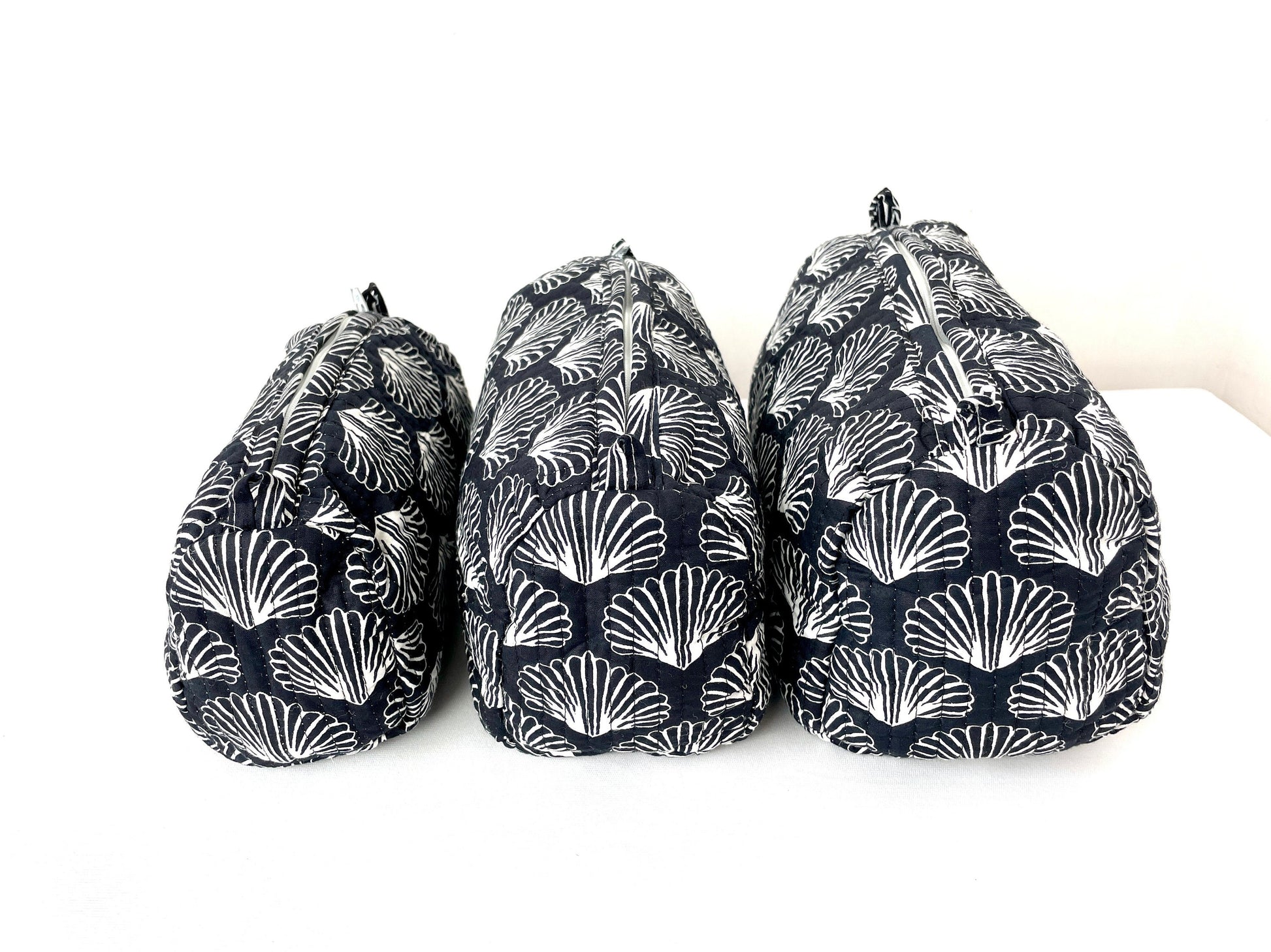 Cotton Quilted Toiletry Bag, Elegant Floral Hand Block Print Fabric Wash Bag, Pack of 3 Black & White Makeup Bag, Gift for She, Her