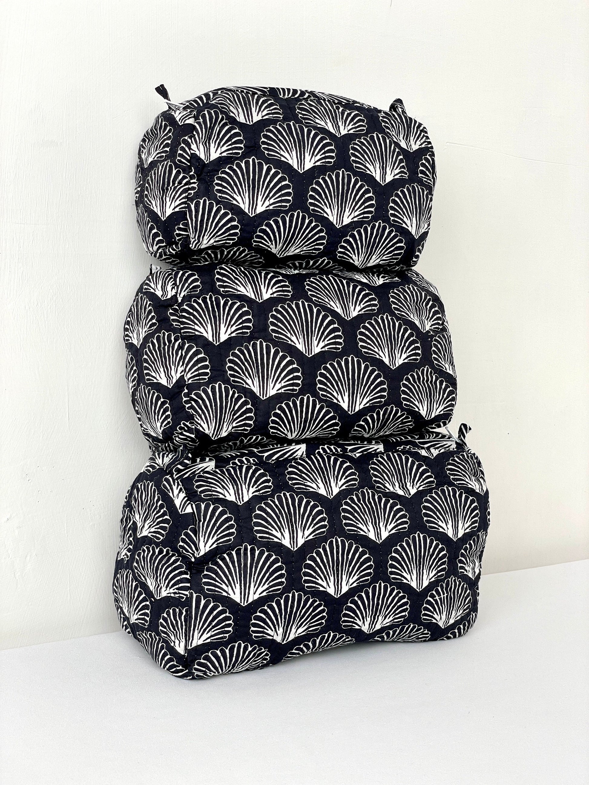 Cotton Quilted Toiletry Bag, Elegant Floral Hand Block Print Fabric Wash Bag, Pack of 3 Black & White Makeup Bag, Gift for She, Her