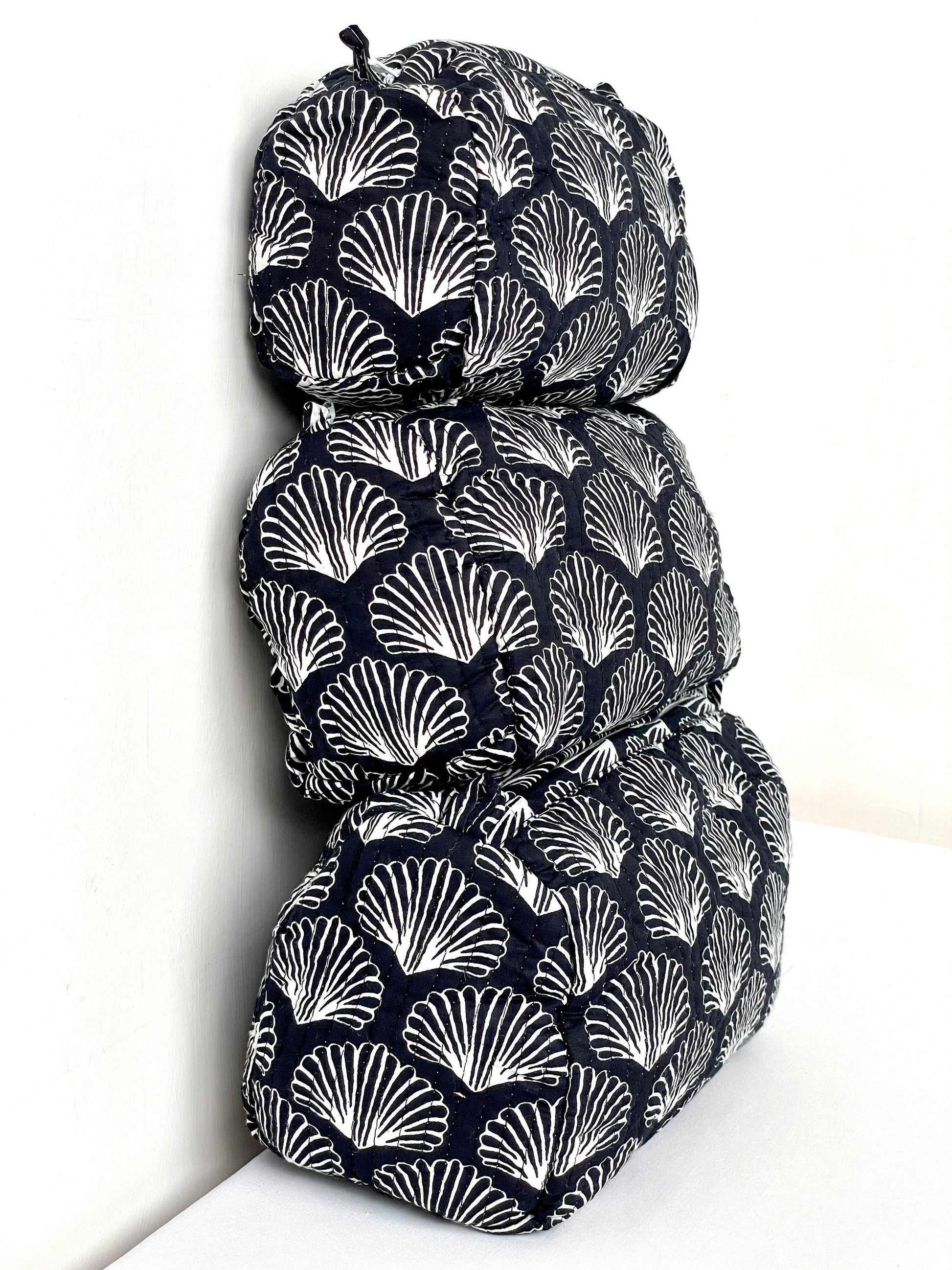 Cotton Quilted Toiletry Bag, Elegant Floral Hand Block Print Fabric Wash Bag, Pack of 3 Black & White Makeup Bag, Gift for She, Her