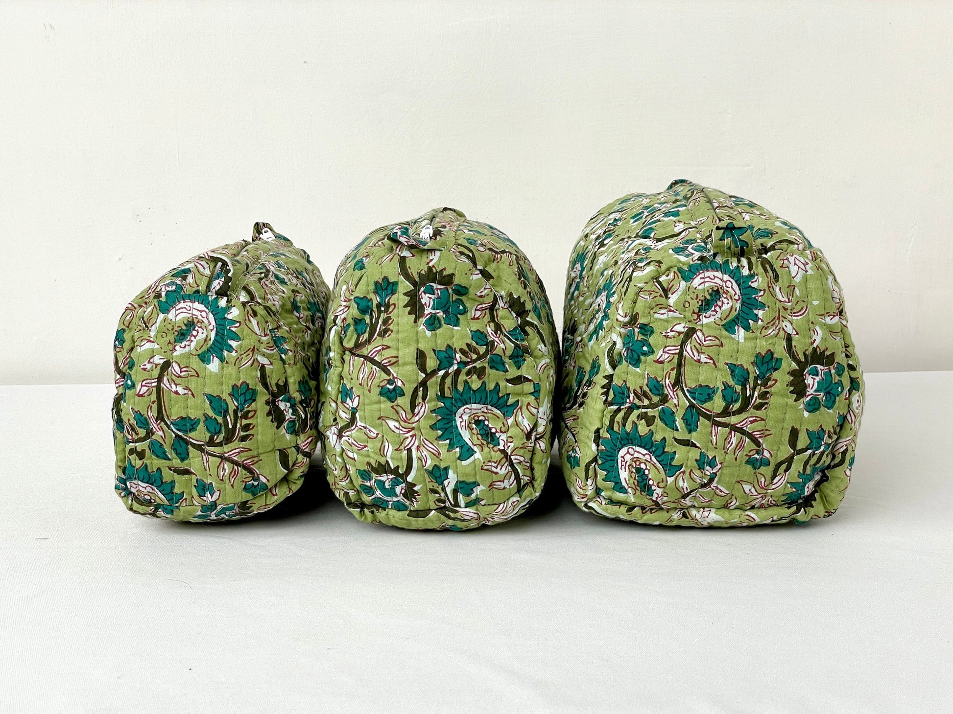 Cotton Quilted Toiletry Bag, Elegant Floral Hand Block Print Fabric Wash Bag, Pack of 3 Green & White Makeup Bag, Gift for She, Her