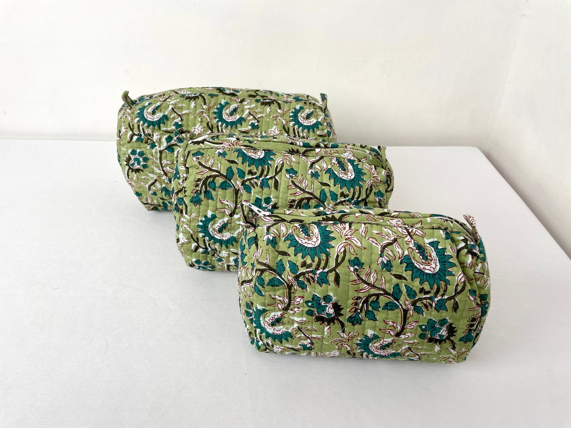 Cotton Quilted Toiletry Bag, Elegant Floral Hand Block Print Fabric Wash Bag, Pack of 3 Green & White Makeup Bag, Gift for She, Her