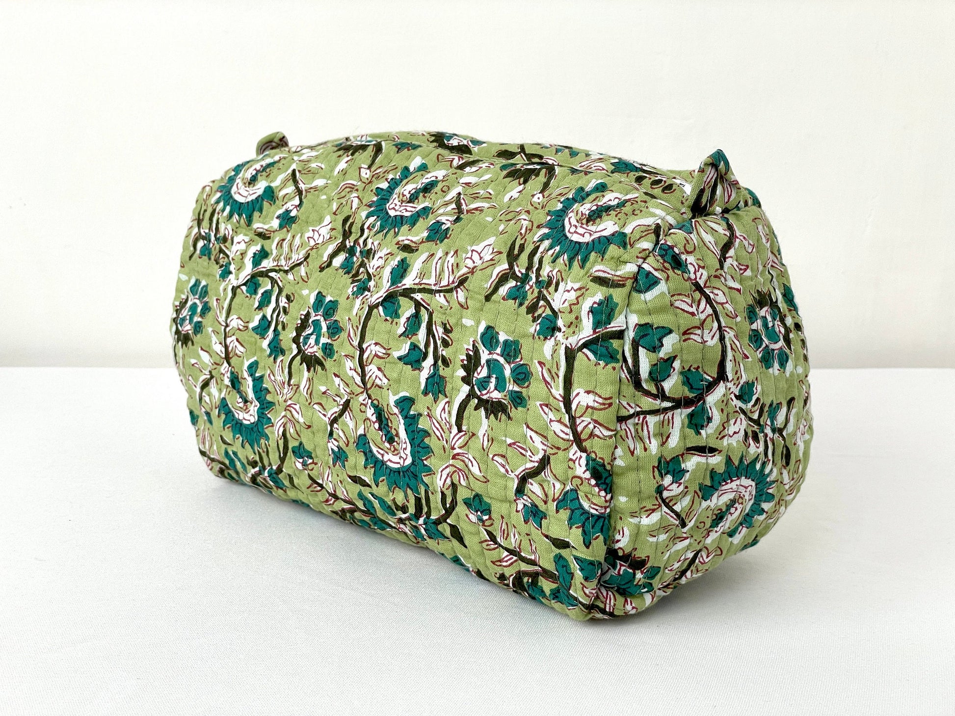 Cotton Quilted Toiletry Bag, Elegant Floral Hand Block Print Fabric Wash Bag, Pack of 3 Green & White Makeup Bag, Gift for She, Her