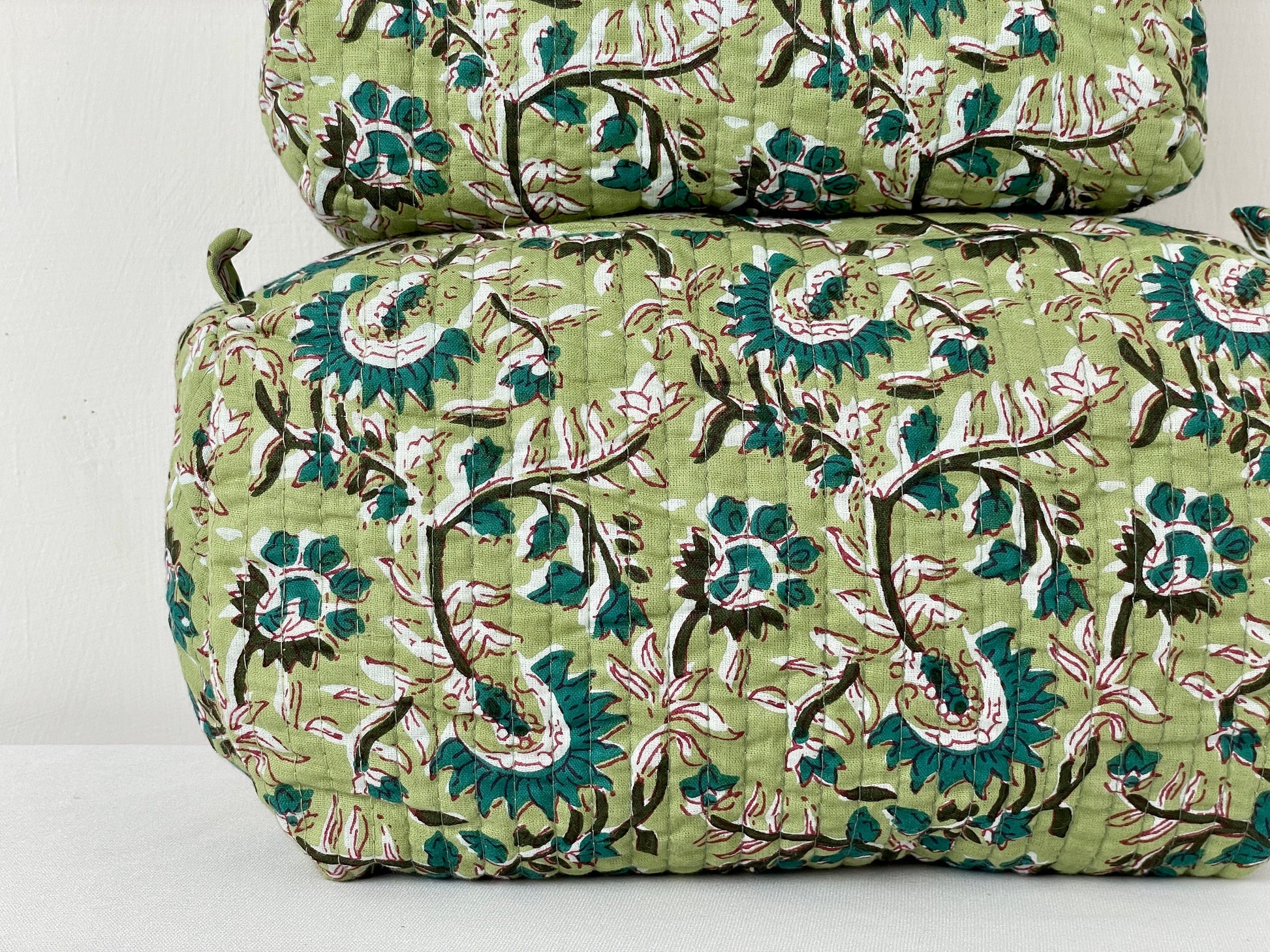 Cotton Quilted Toiletry Bag, Elegant Floral Hand Block Print Fabric Wash Bag, Pack of 3 Green & White Makeup Bag, Gift for She, Her