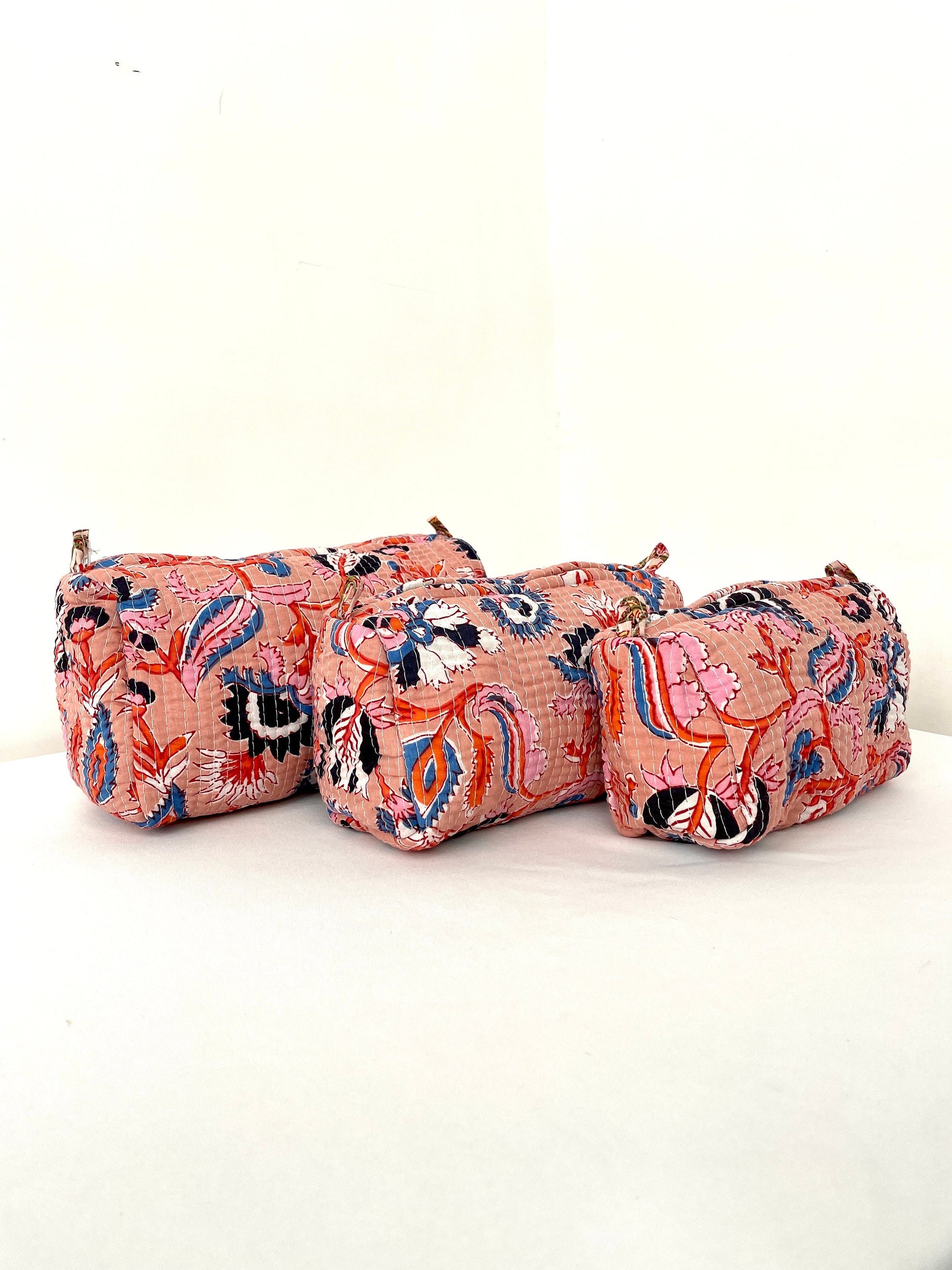 Cotton Quilted Toiletry Bag, Elegant Floral Hand Block Print Fabric Wash Bag, Pack of 3 Peach Makeup Bag, Gift for She, Her