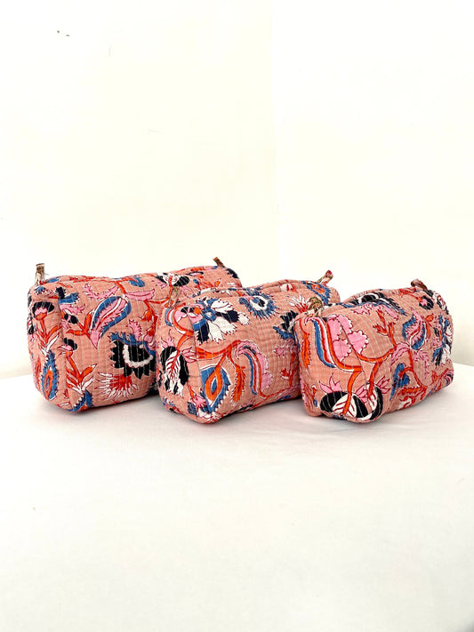 Cotton Quilted Toiletry Bag, Elegant Floral Hand Block Print Fabric Wash Bag, Pack of 3 Peach Makeup Bag, Gift for She, Her