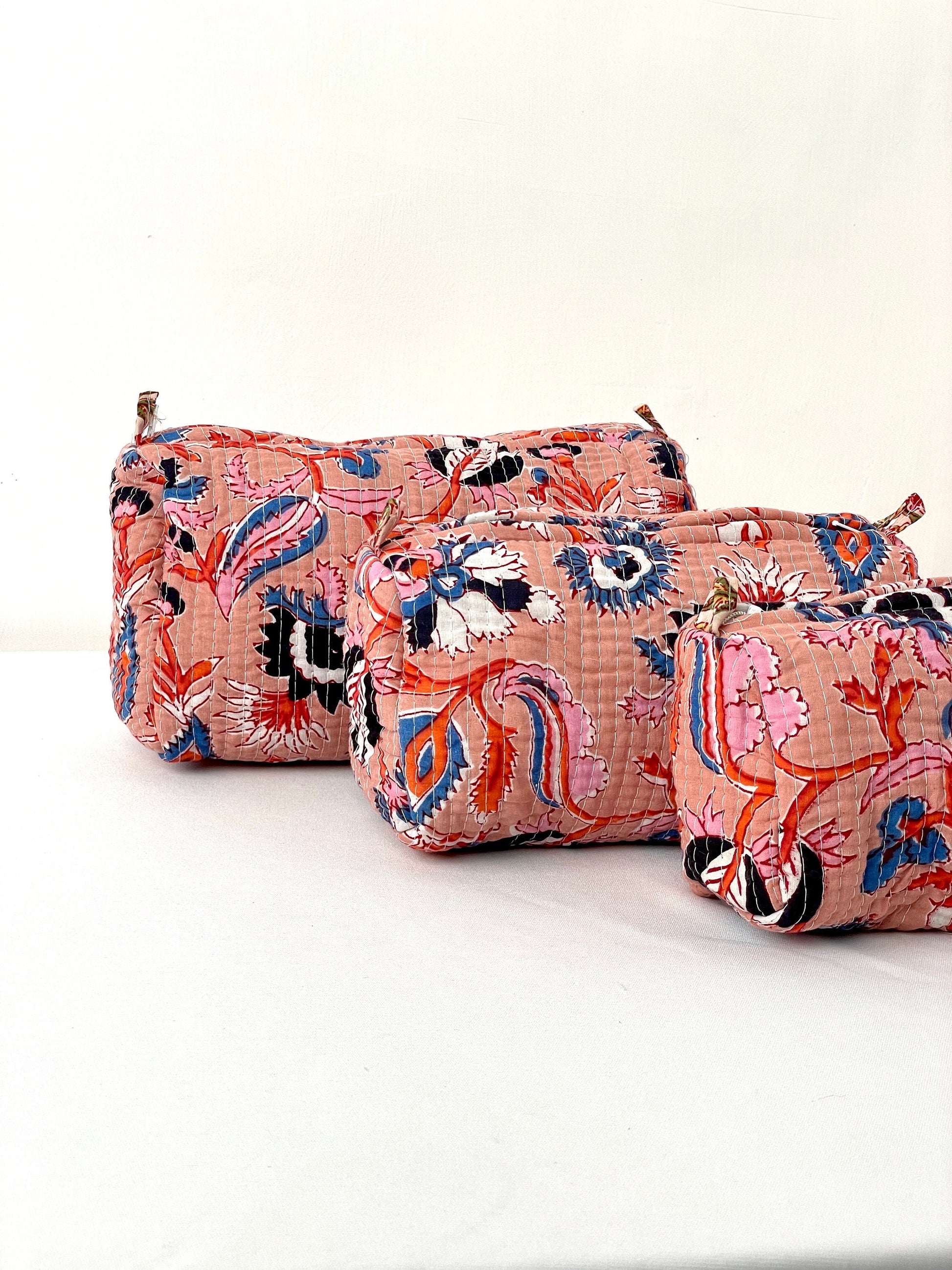 Cotton Quilted Toiletry Bag, Elegant Floral Hand Block Print Fabric Wash Bag, Pack of 3 Peach Makeup Bag, Gift for She, Her