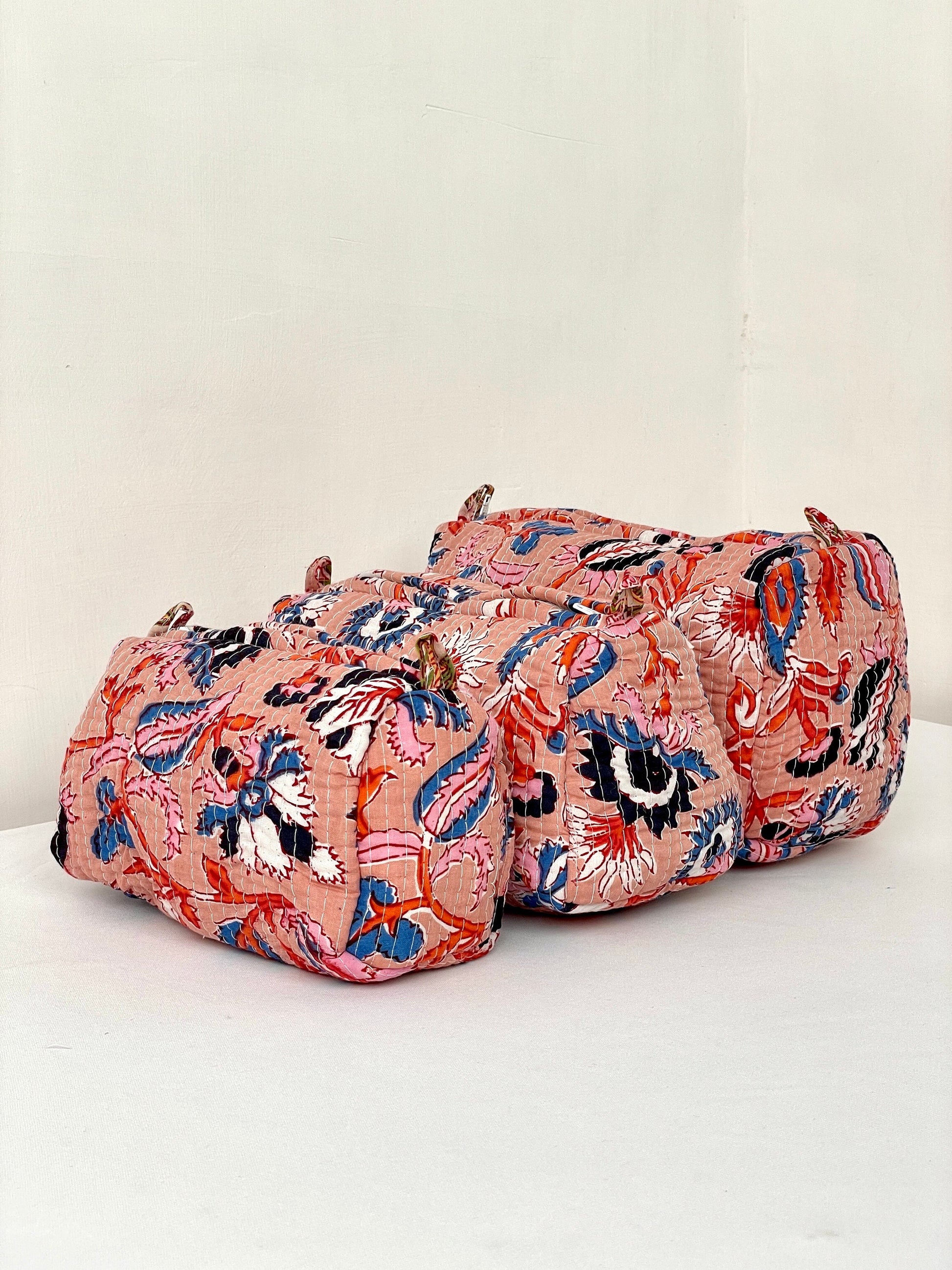 Cotton Quilted Toiletry Bag, Elegant Floral Hand Block Print Fabric Wash Bag, Pack of 3 Peach Makeup Bag, Gift for She, Her